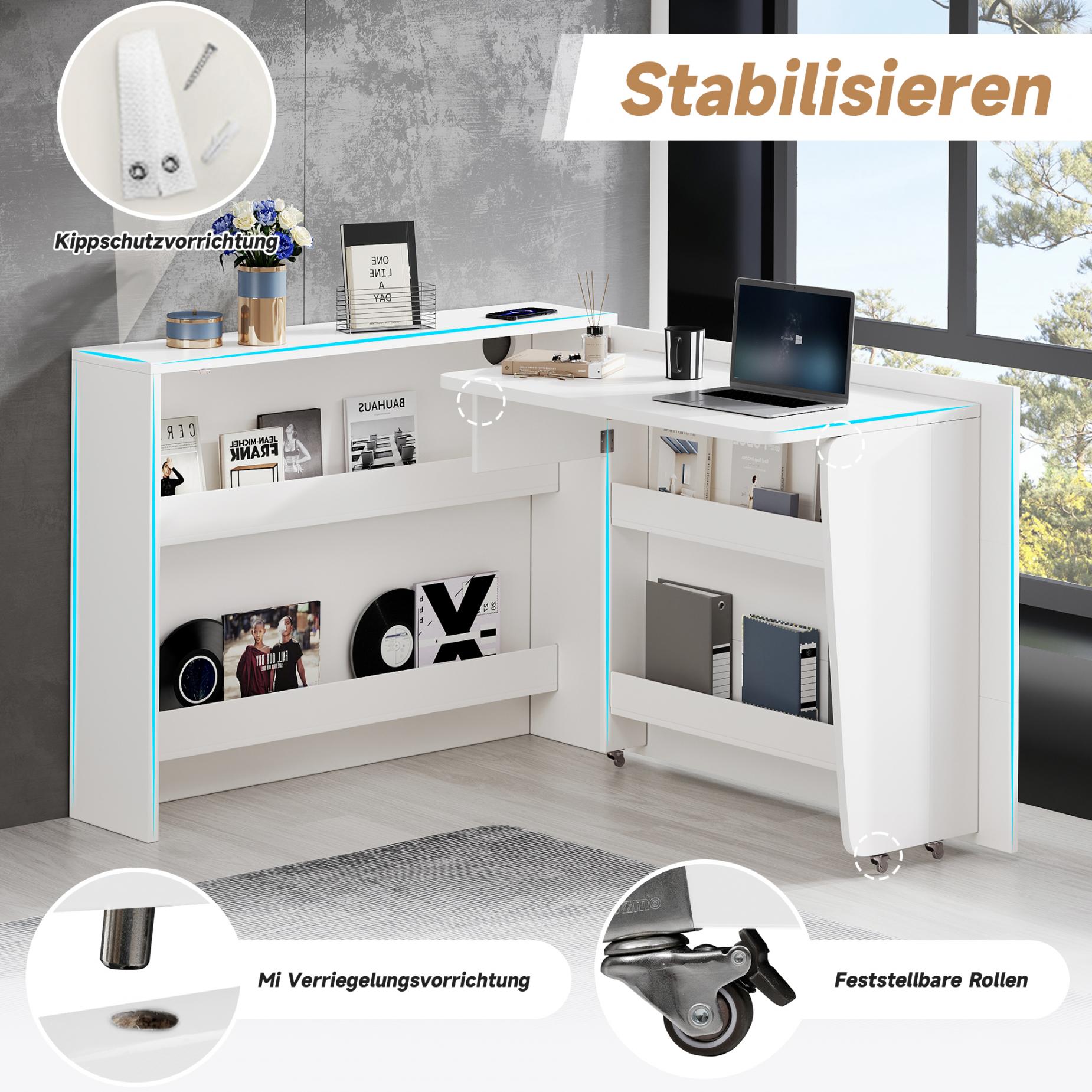 Bureau Pliable avec Roulettes et Chargeur Sans Fil – 2-en-1 Sideboard et Espace de Travail avec Étagères et Sécurité Anti-Basculement - 6
