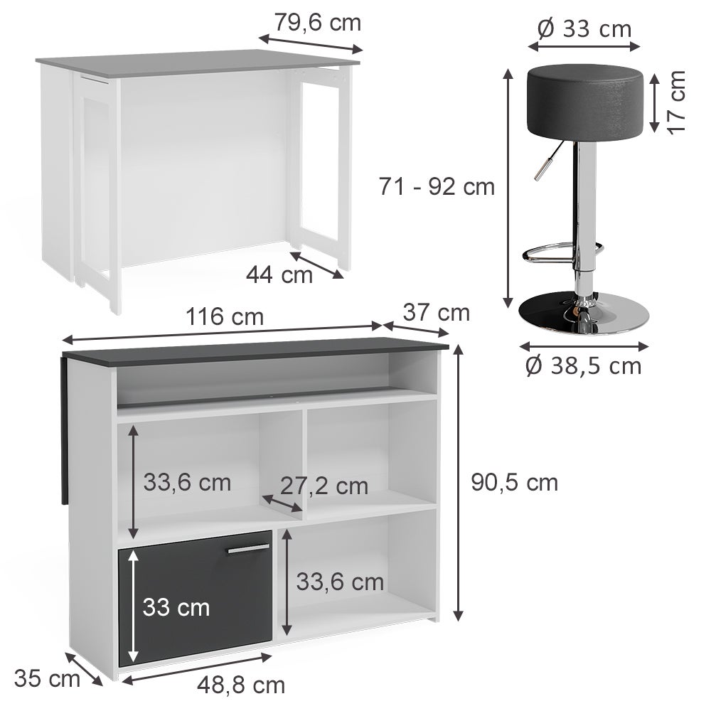 Set De Table De Bar Avec 2 Tabourets - Anthracite Et Chêne Doré - Dimensions 67x100x106 Cm - Pour Cuisine Ou Espace Détente