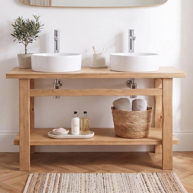 Meuble double vasque sur pieds OFICIO 140cm en chêne massif esprit établi