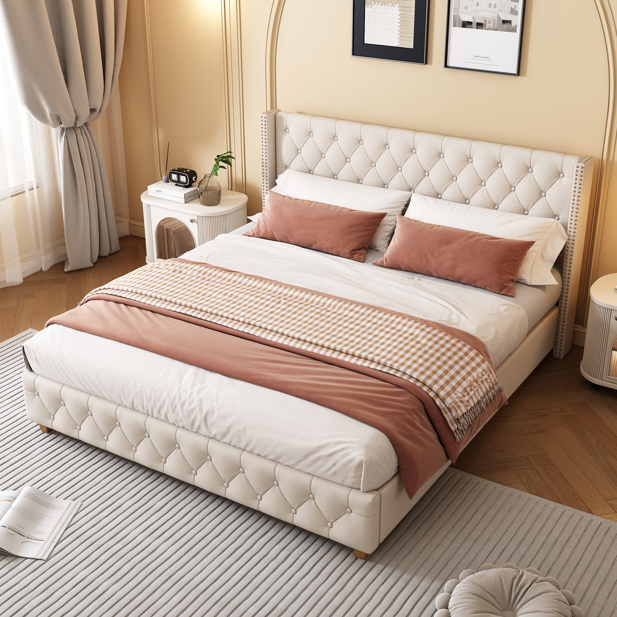 Lit coffre capitonné 140x190 cm Tête de lit à boutons et rivets pieds en bois tissu lin beige avec sommier - 6
