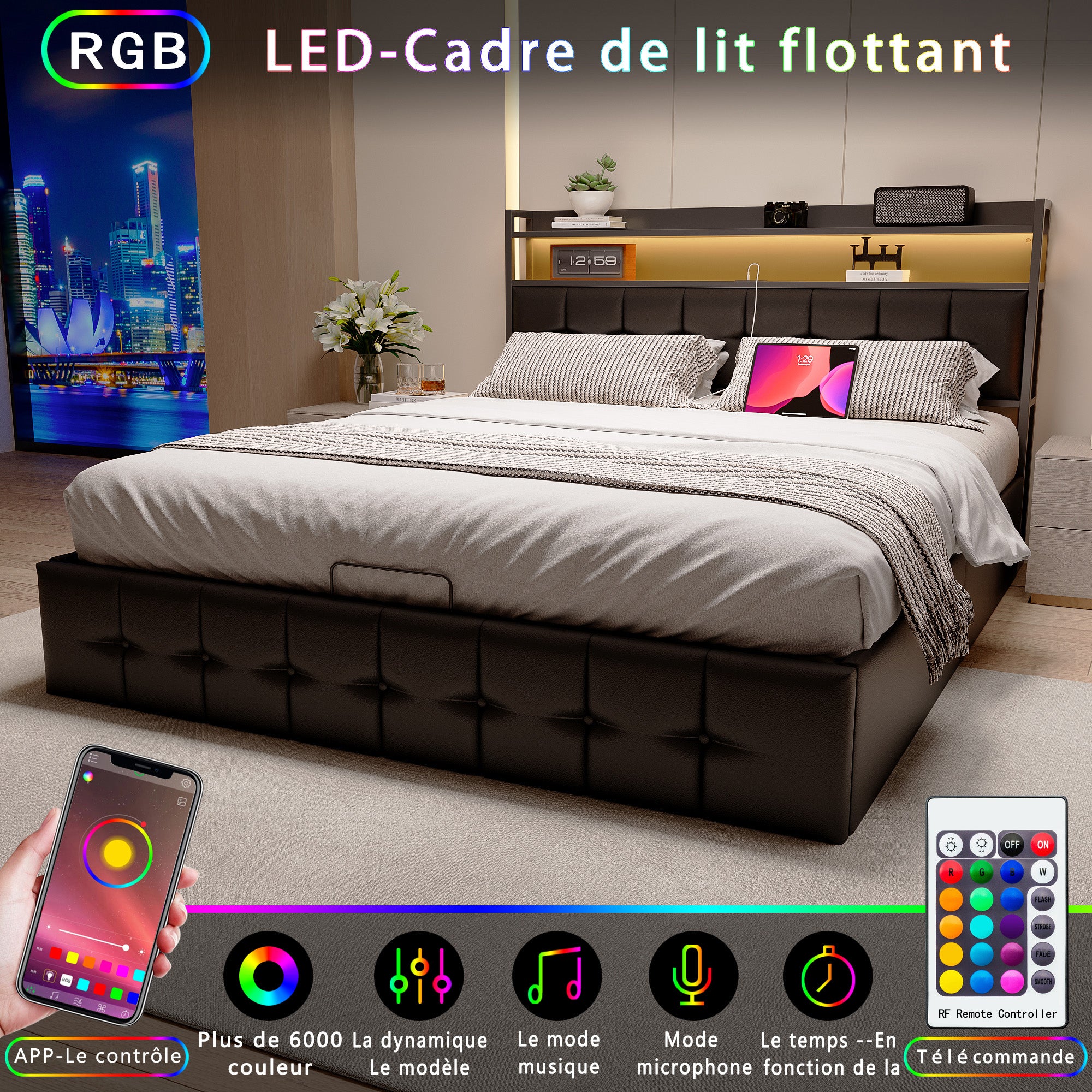 Lit coffre 160x200 cm avec sommier à lattes, lit double 160x200 cm avec LED, cadre de lit adulte avec port USB et Type C, tissu en PU, noir - 4