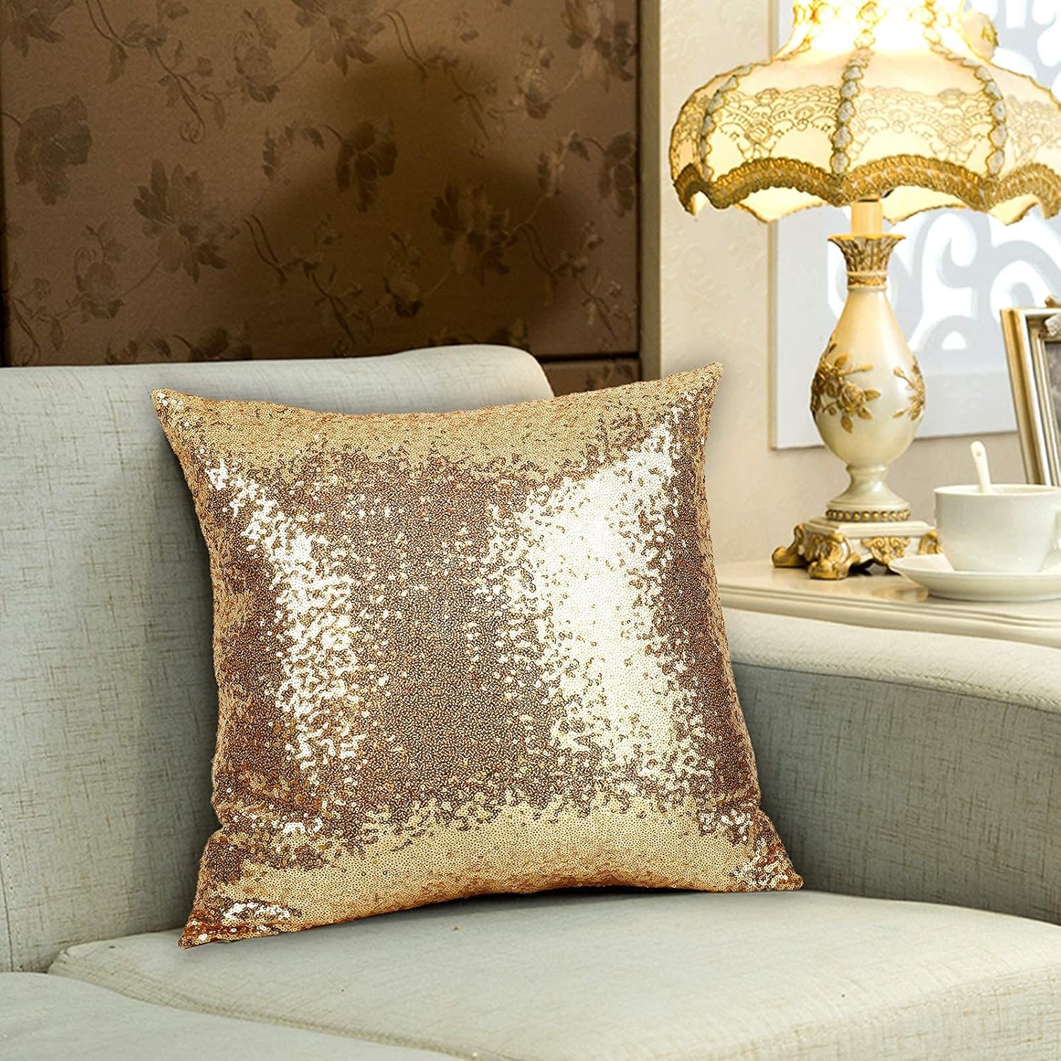 2 coussins décoratifs à paillettes dorées, 45 x 45 cm, housses de coussin carrées en tissu uni à paillettes, fermeture éclair invisible - 4