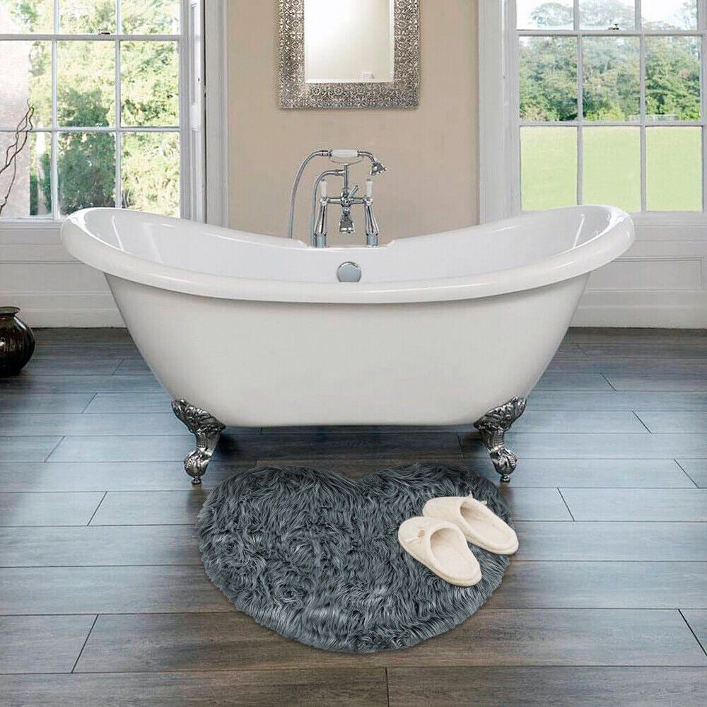 Tappeto Bagno Camera Cuore Grigio Scendiletto Pelo Lungo Shaggy Doccia Antiscivolo - 3