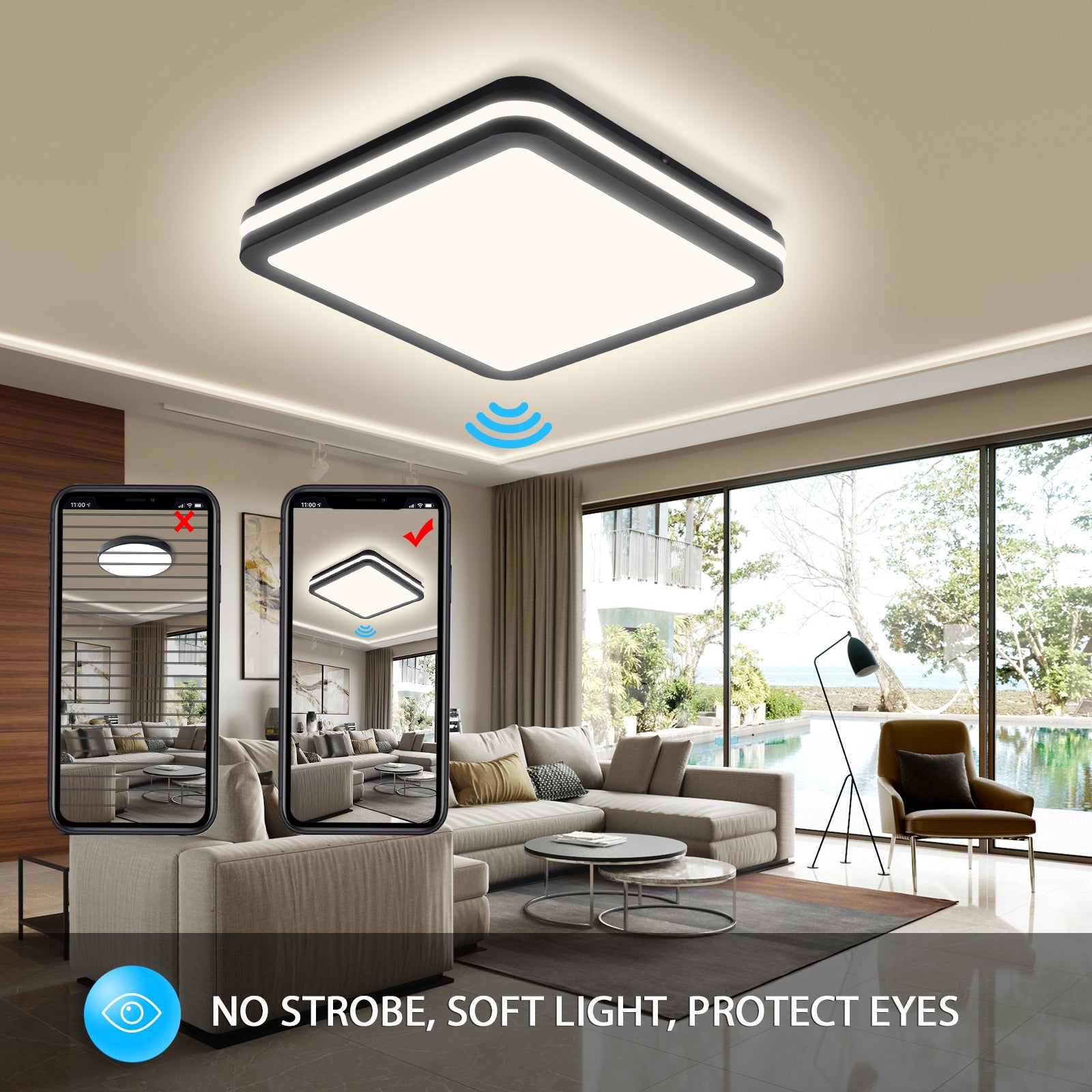 Plafon LED z czujnikiem ruchu 24W 4000K, kwadratowa lampa sufitowa LED 26×26 cm, IP54, do łazienki, przedpokoju i piwnicy, LOVHAUS - 5