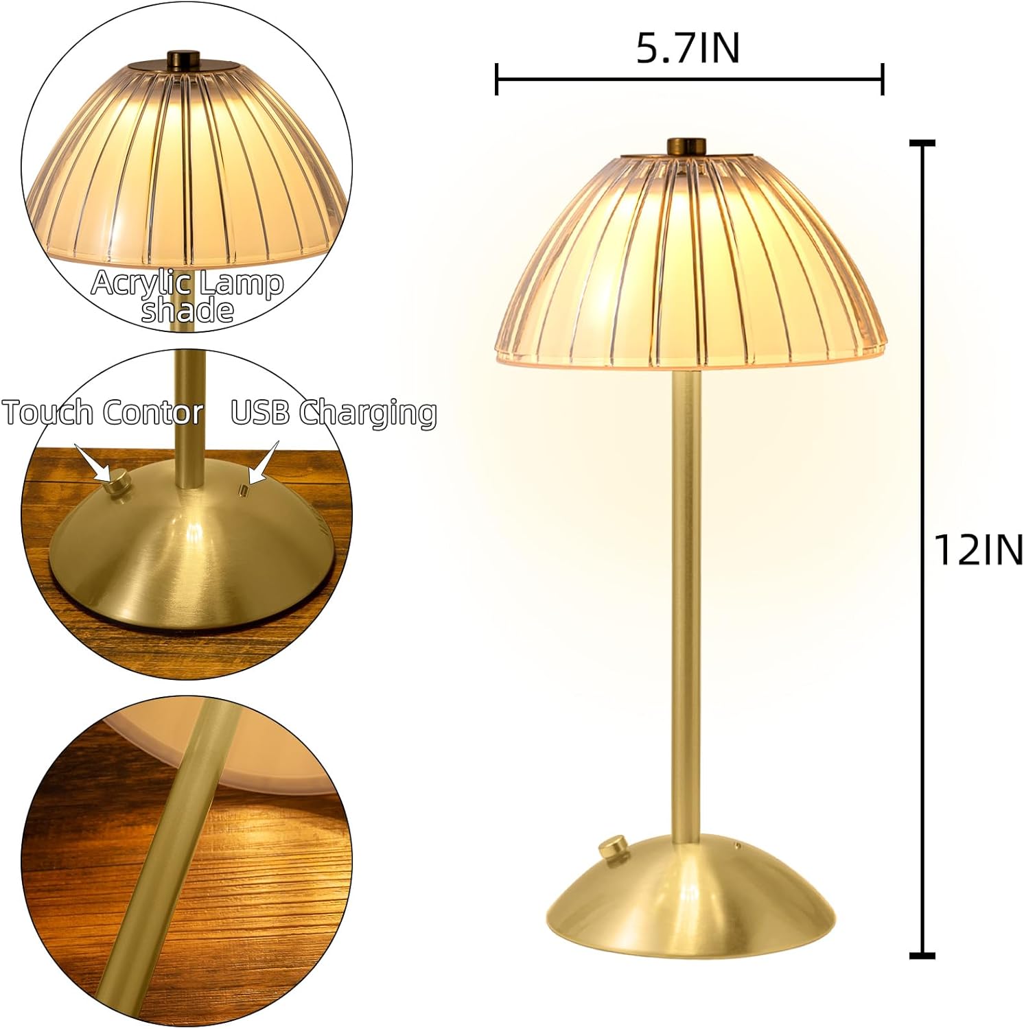 Lampe de table dimmable, lampe tactile pour la table de chevet de la chambre, lampe rechargeable en laiton sans fil portable - 2