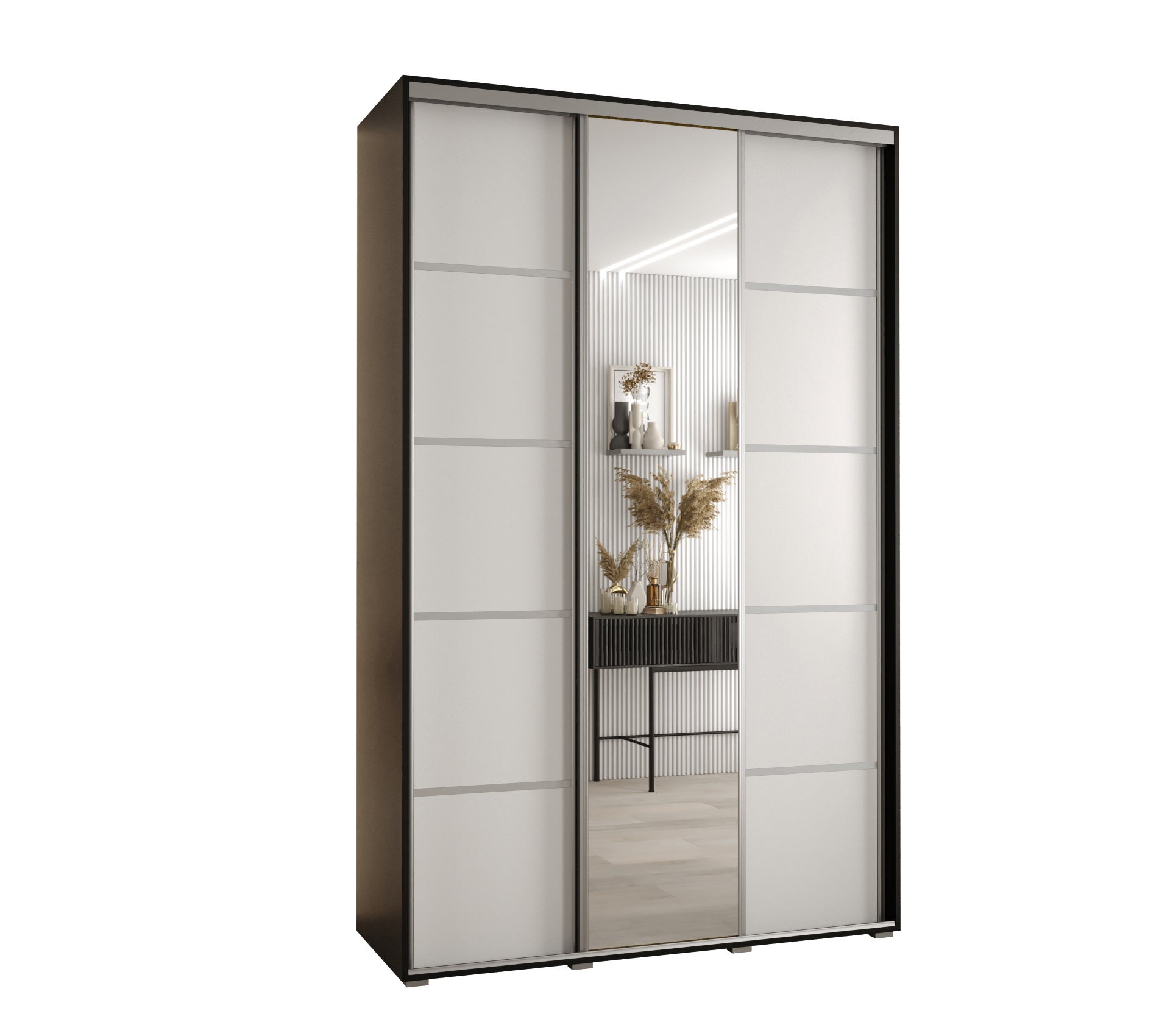 Szafa przesuwna z lustrem wysoka Davos 5 160 x 45 x 235,2 cm czarny + biały + u. srebrny - Abiks Meble