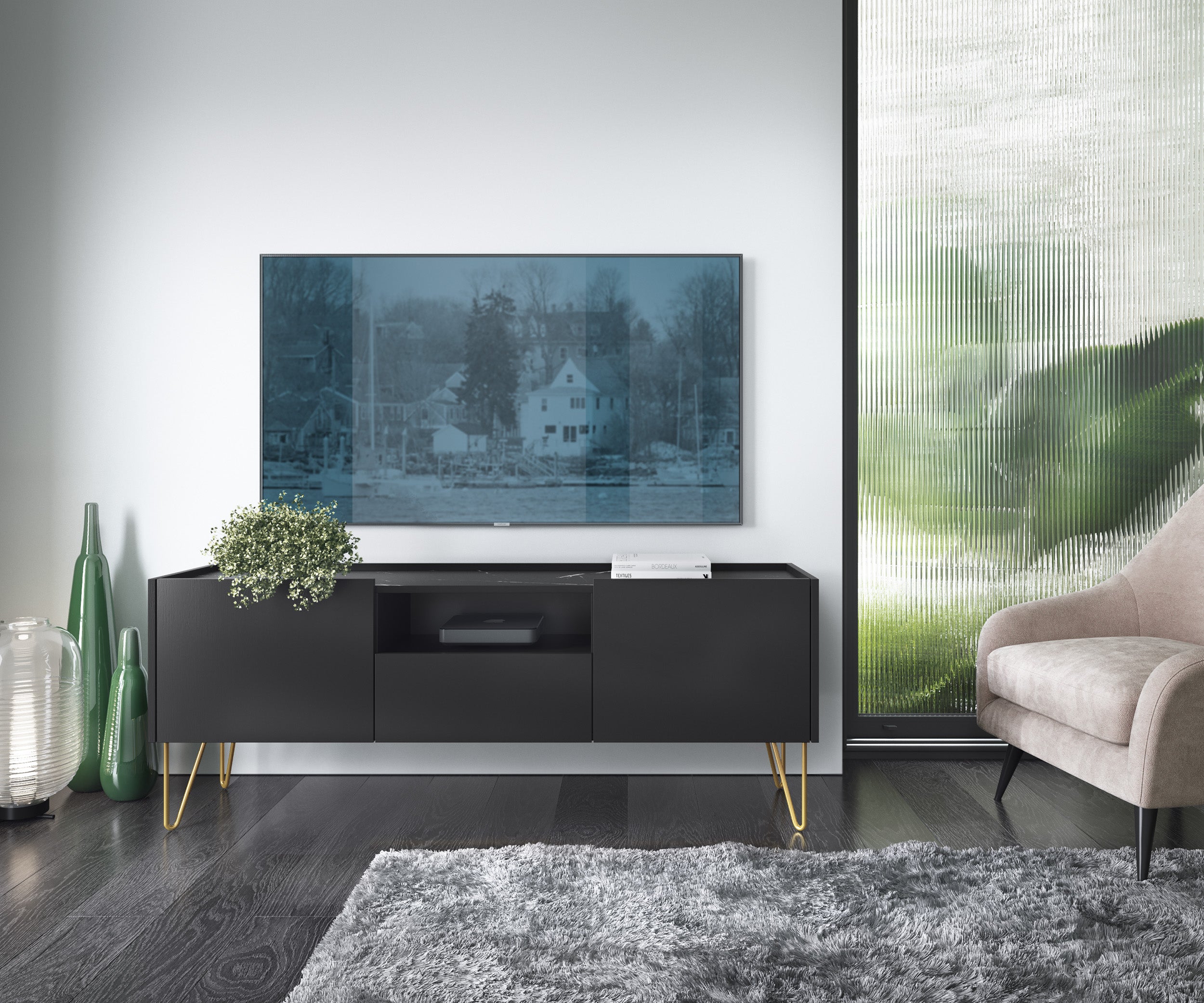 Szafka RTV: grafitowy czarny / czarny marmur, 144 x 55 x 37 cm - 4
