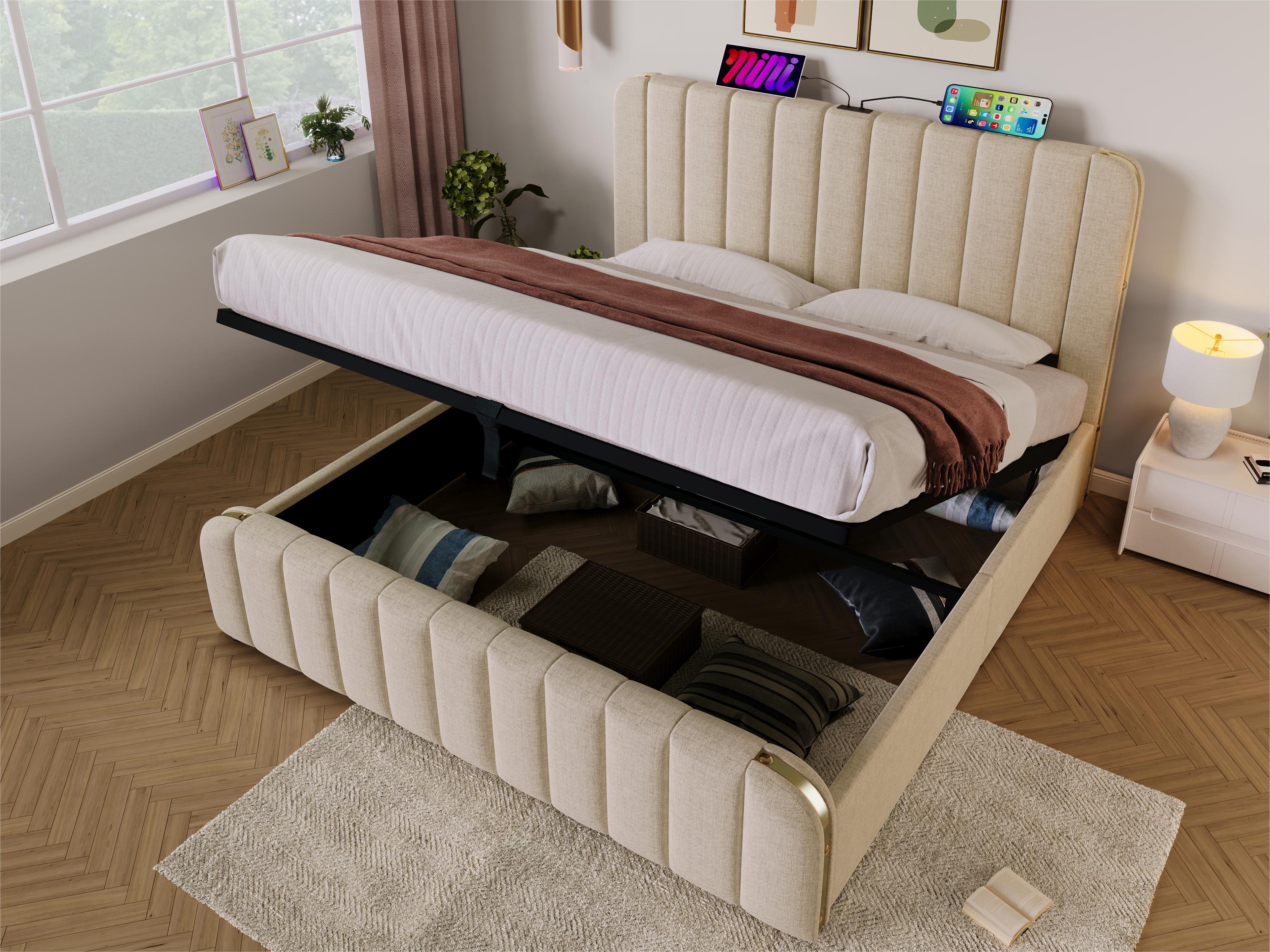 Lniane łóżko skrzyniowe 180x200cm - z ładowaniem USB i Type-C - ozdobione złotymi paskami - Beżowy