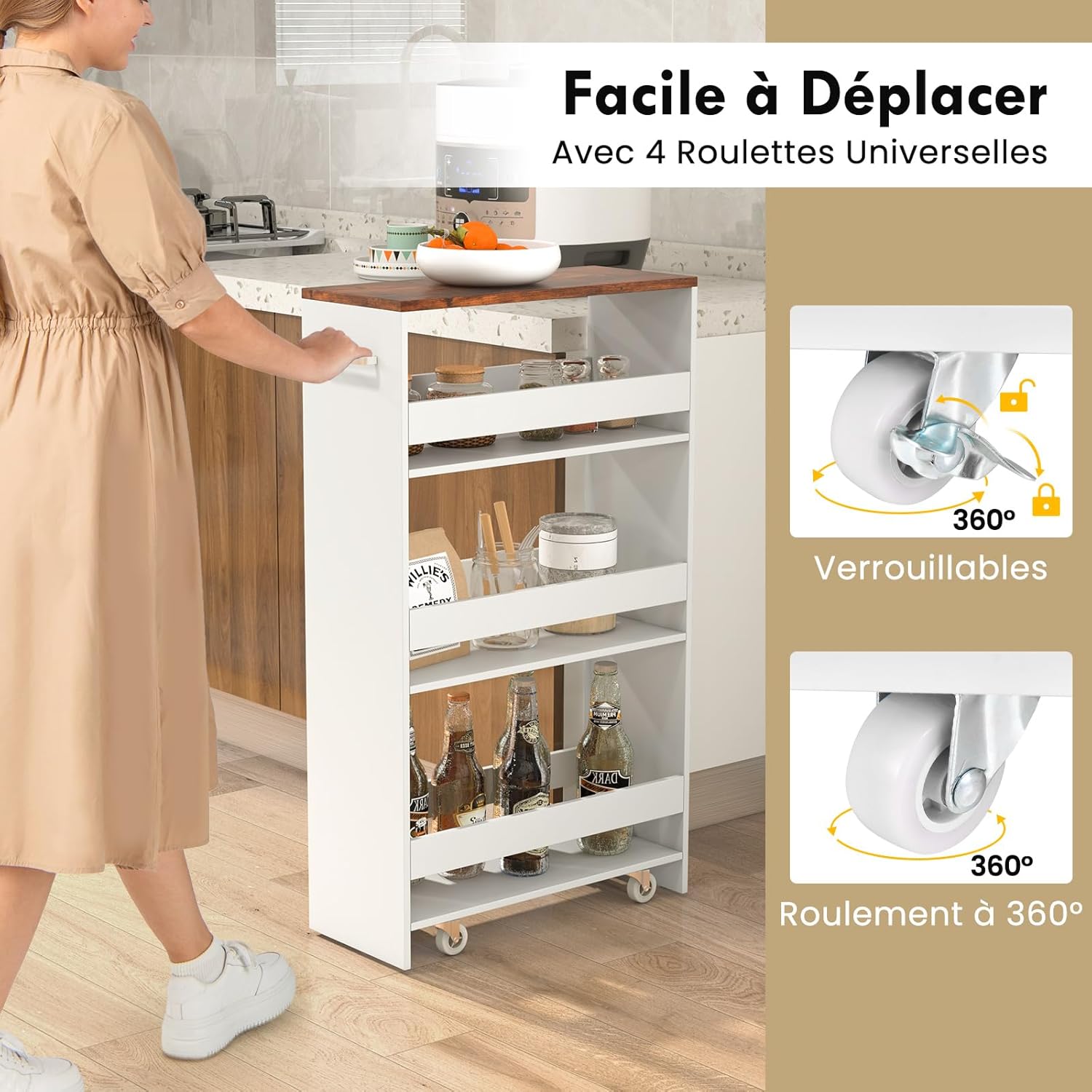 Chariot de Rangement Largeur 20 cm à roulettes, Desserte de Cuisine à 4 Niveaux, Poignée Latérale et Roues Universelles avec Freins (Blanc+ Brun) - 5