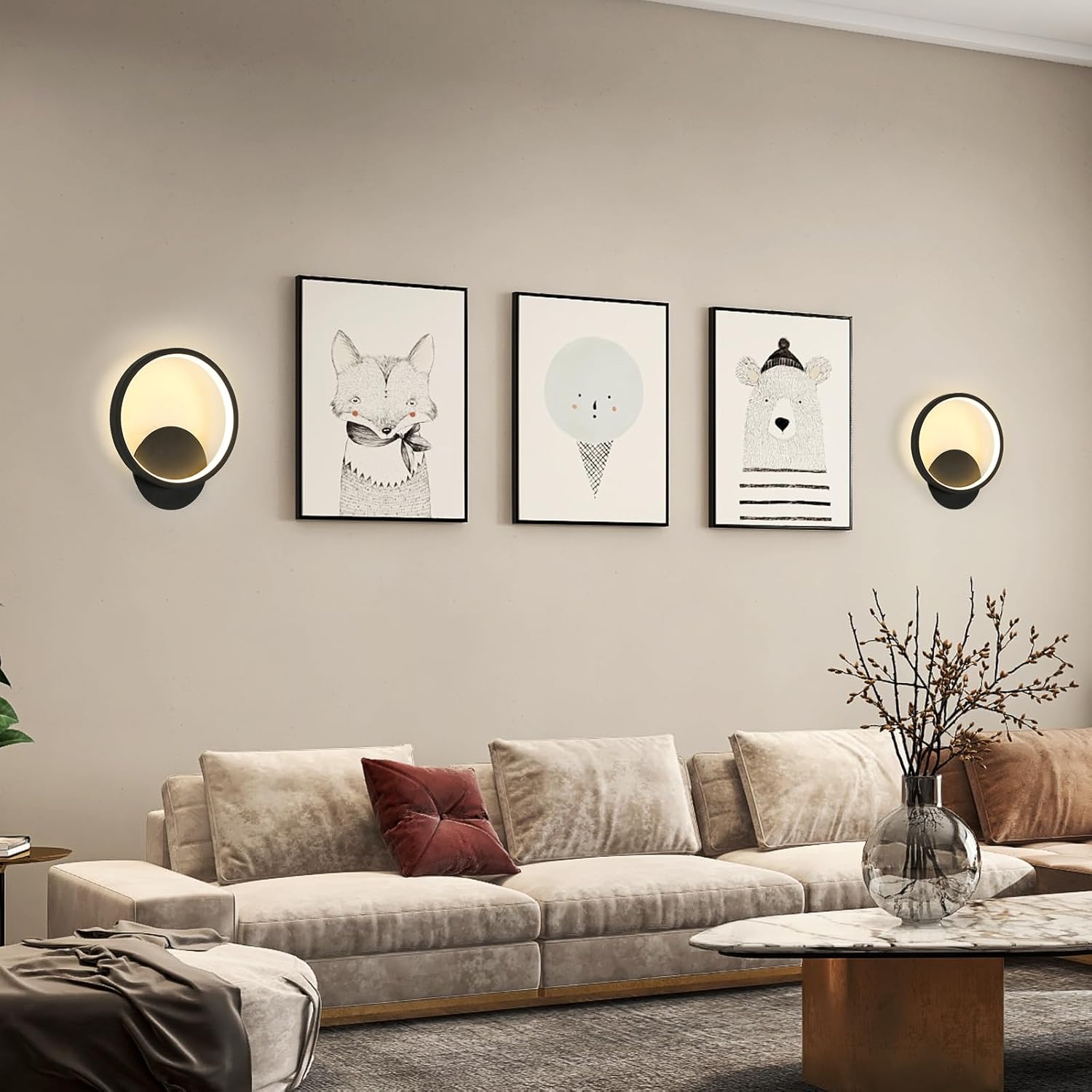 GOECO Applique Murale Intérieure LED - 12W Noir 3000K Lumière Blanche Chaude Ronde Lampe Murale Moderne pour Chambre Salon Couloir Escalier - Ø20cm - 5