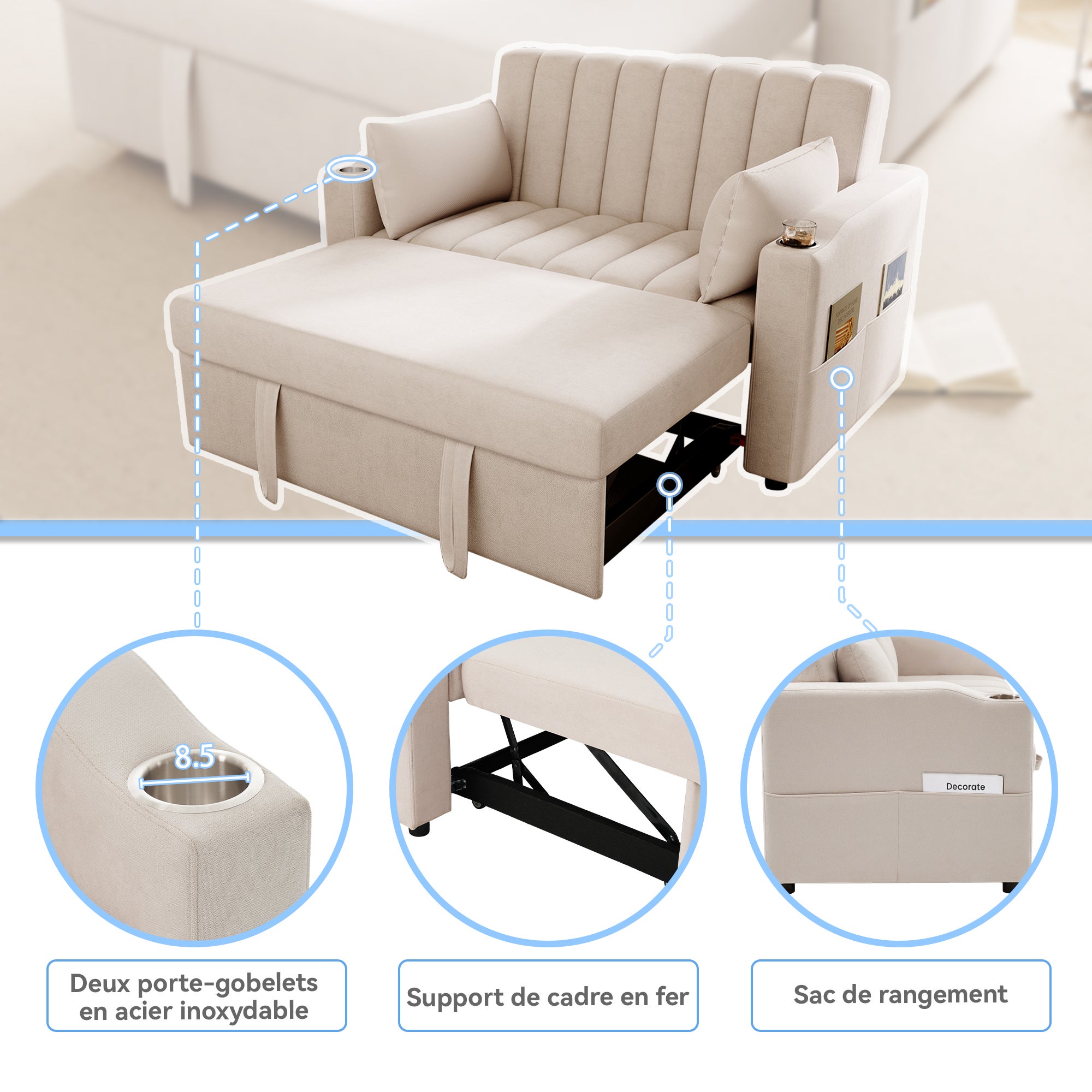 Nowoczesna 2-osobowa sofa z uchwytami na kubki i poduszkami - szara - 6