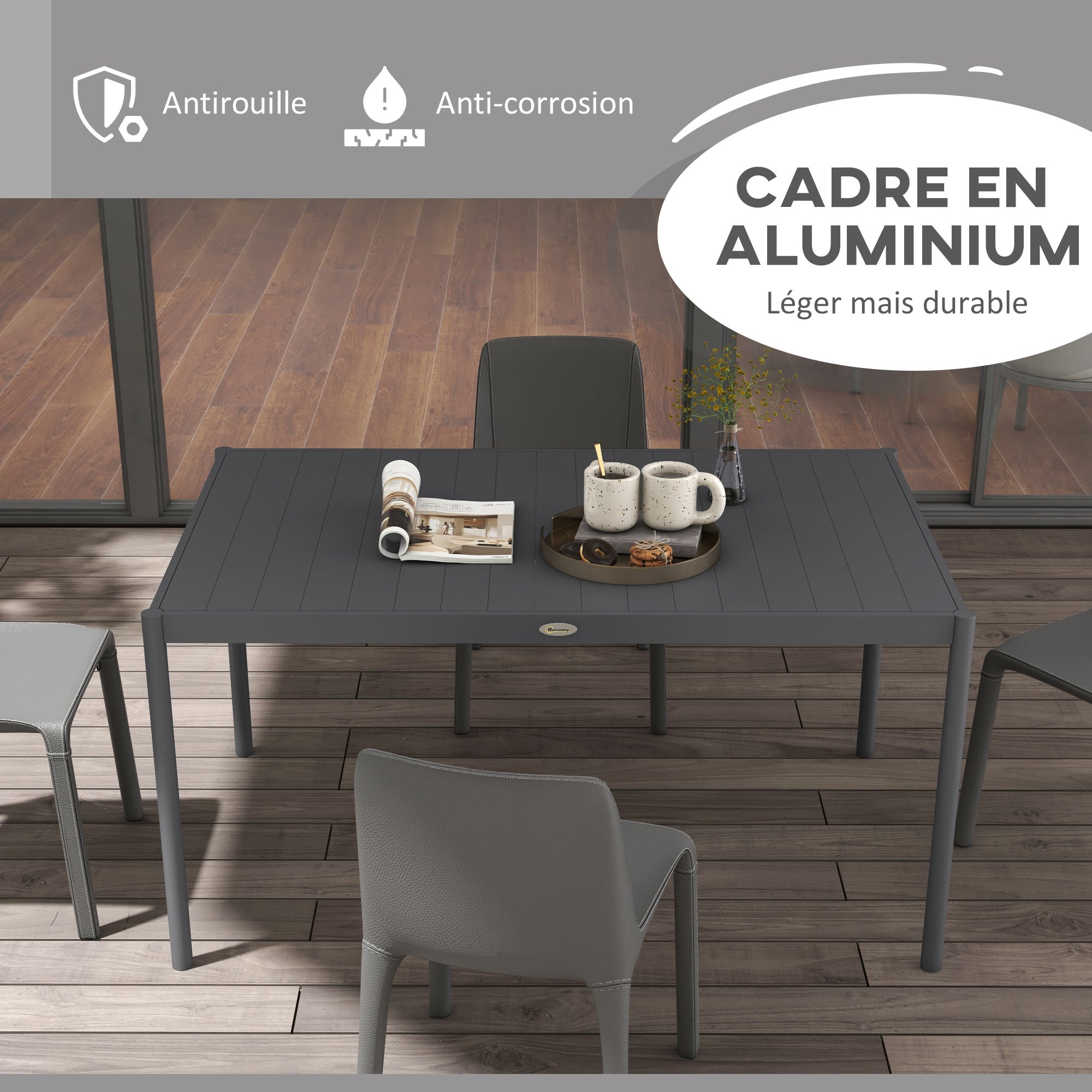 Table de jardin rectangulaire pour 6 personnes en aluminium plateau à lattes dim. 145L x 90l x 74H cm gris - 6