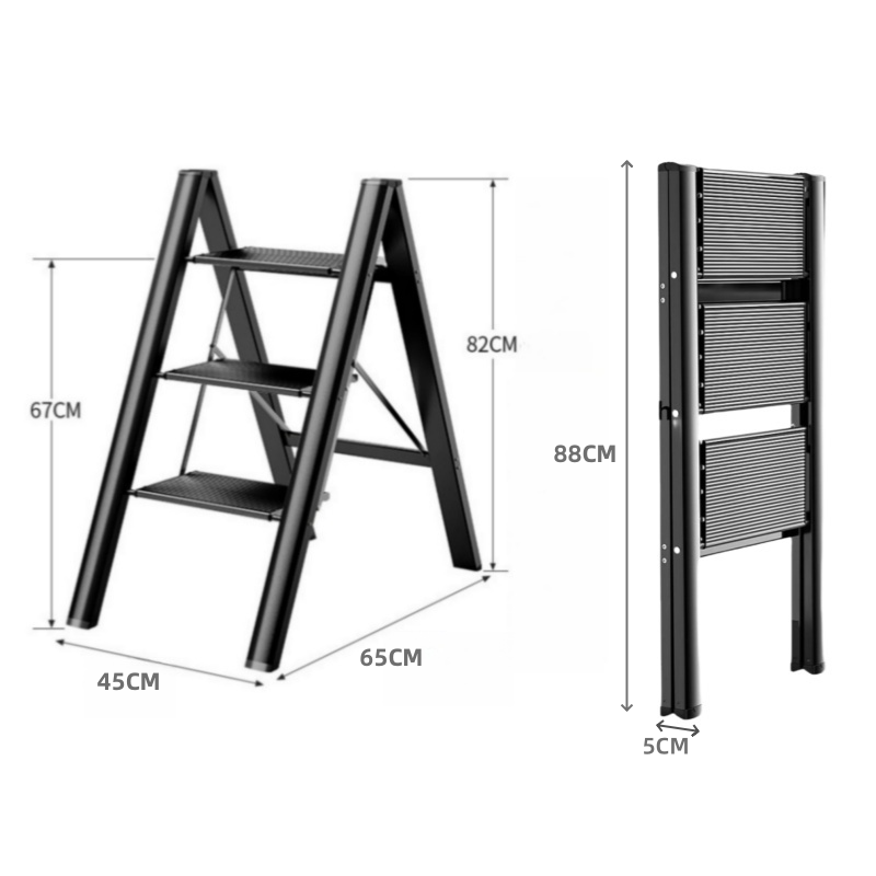 Escabeau escamotable à 3 marches, marchepieds antidérapants plus larges et améliorés, esabeau portable, supporte jusqu'à 150 kg (noir) - 9