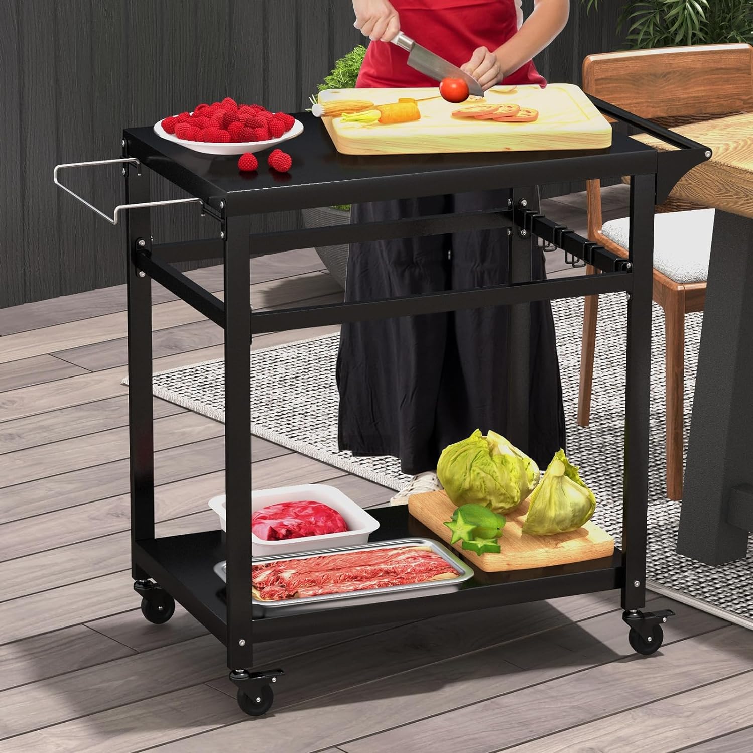 Desserte Jardin,Chariot de Barbecue avec 4 Roues Verrouillables,Plancha avec 4 Crochets et Étagère,108x50,5x88CM,Charge 50KG - 8