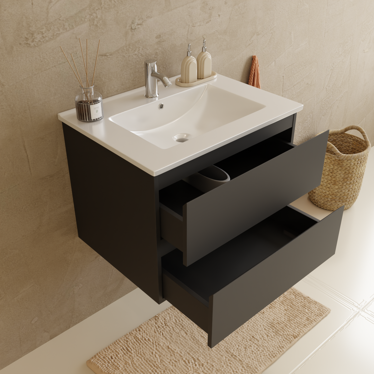 LOMAZOO Meuble De Salle De Bain Marenza Noir Mat 60cm - Lavabo Blanc - 7