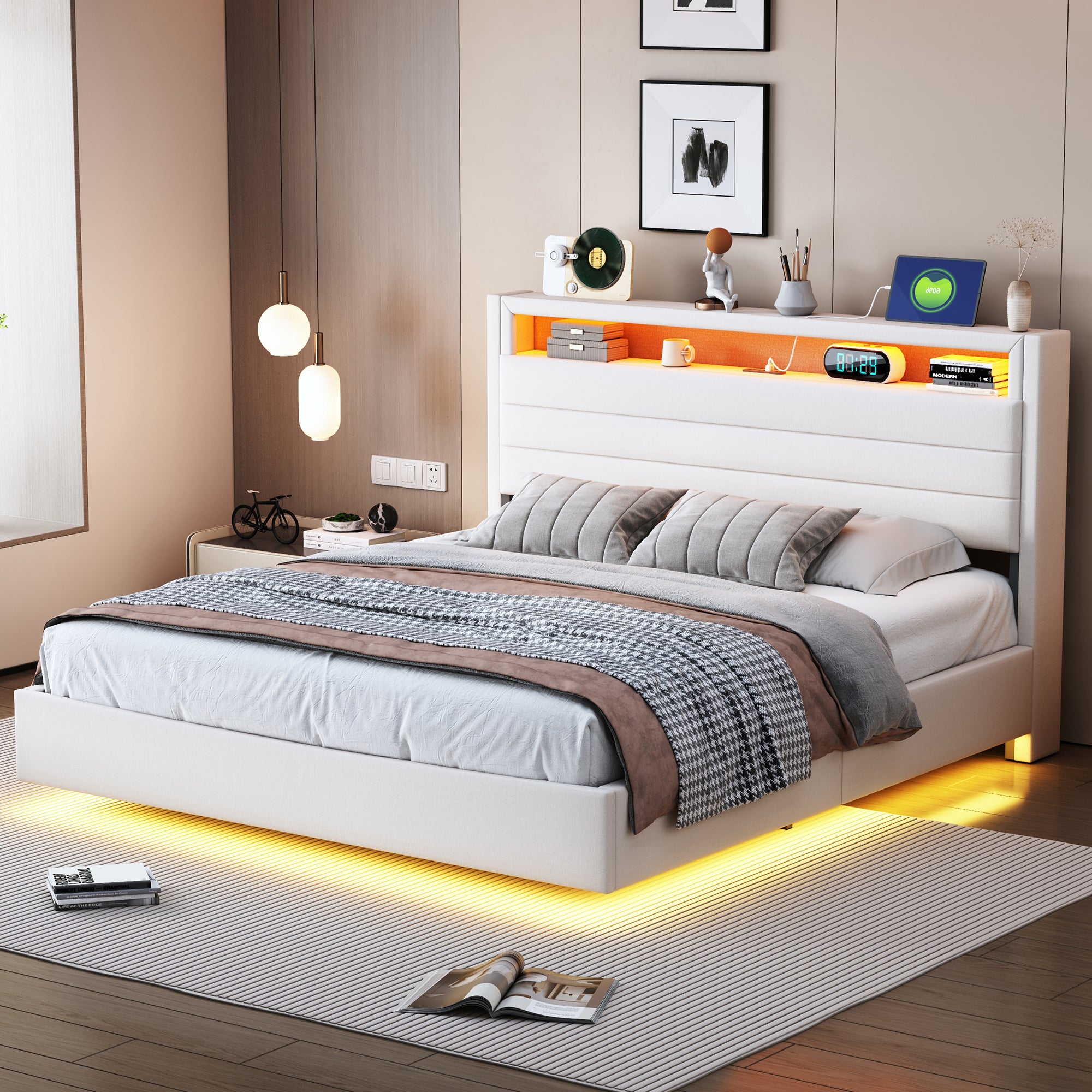 Cama canapé de 140 x 200 cm con cabecero y espacio de almacenaje - Puerto USB y LED - Tejido de lino - Beige (sin colchón) - 2