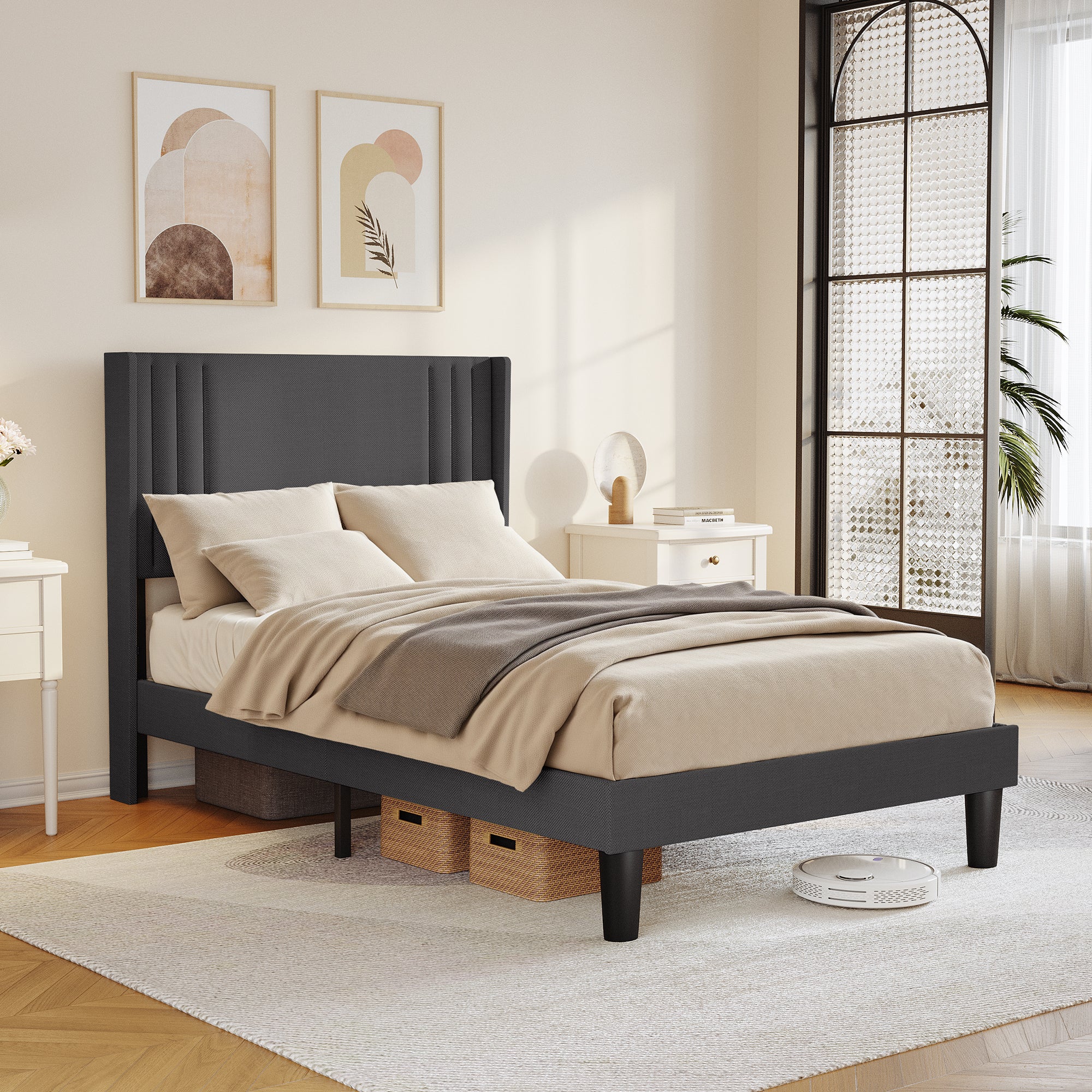 Lit Simple Capitonné 120 x 200 cm avec Tête de Lit pour Rangement Bealife Sommier à Lattes Tissu en Lin Lit Enfant Adolescent Gris Foncé - 2