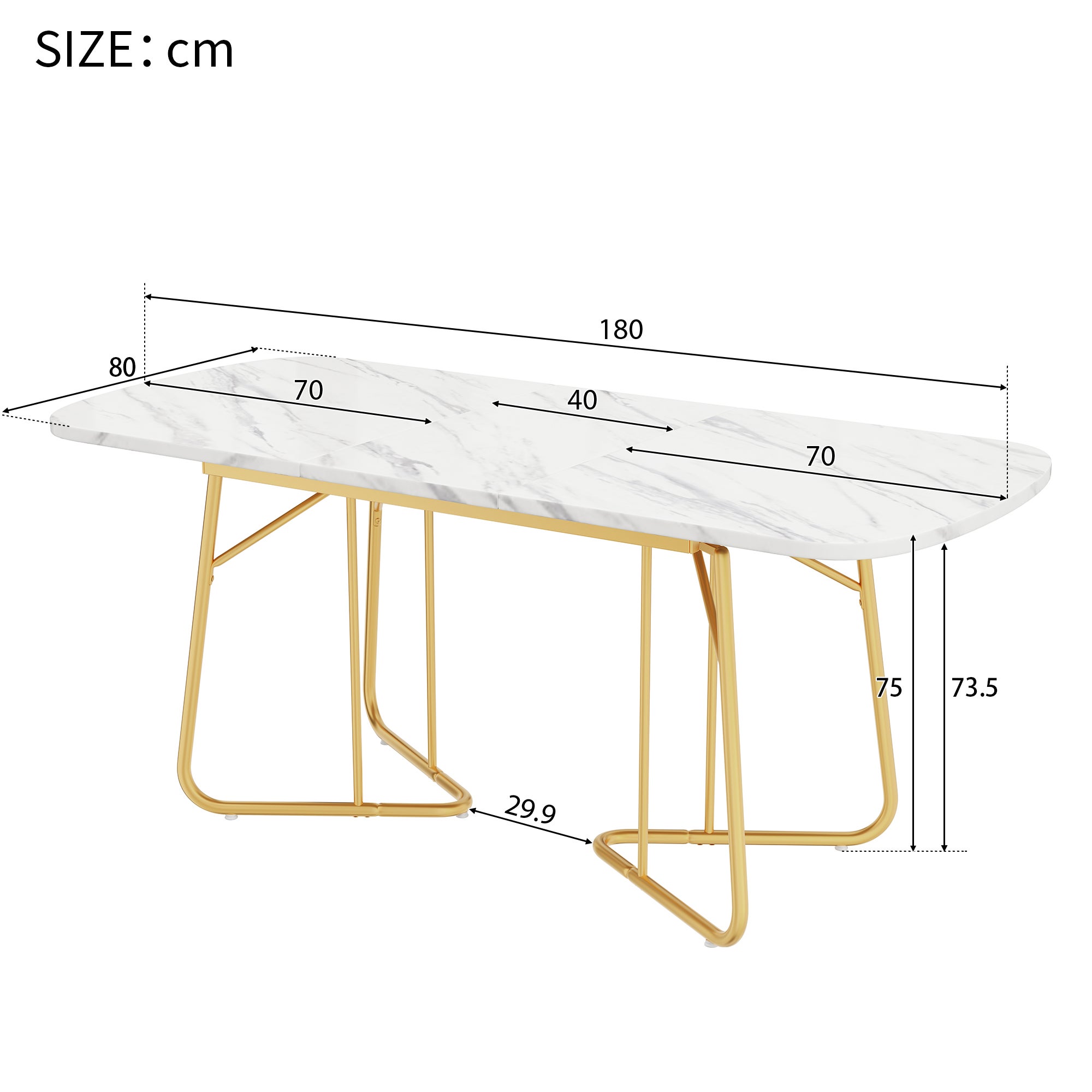 Rozkładany stół jadalny dla 4-6 osób - dł. 140/180 x szer. 80 x wys. 75 cm - płyta MDF, drewno i metal - wzór marmuru - biały - 6