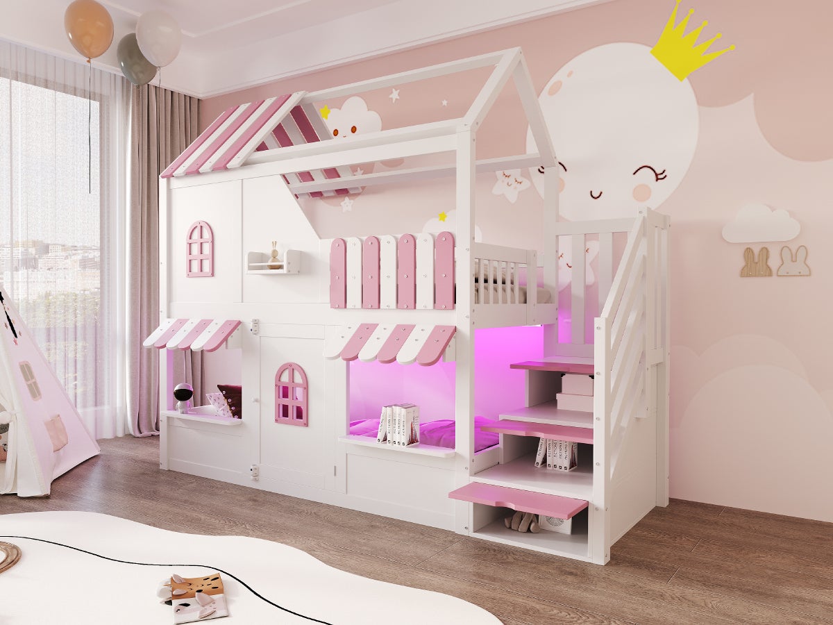 Lit superposé 90 x 200 cm avec fenêtres, toit, auvent, rambarde et porte - Pin + contreplaqué + MDF - LEDs - Rose + blanc (Sans matelas) - 7