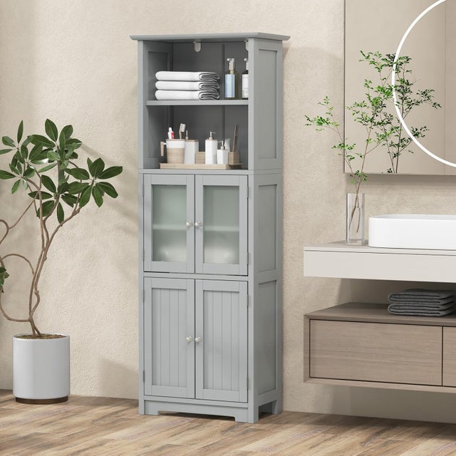 Mobiletto da Bagno, Armadio Colonna a 6 Livelli con 2 Ripiani Aperti e 2 Scomparti, Porte in Vetro Trasparente e Maniglie Metalliche, Bianco (Grigio)