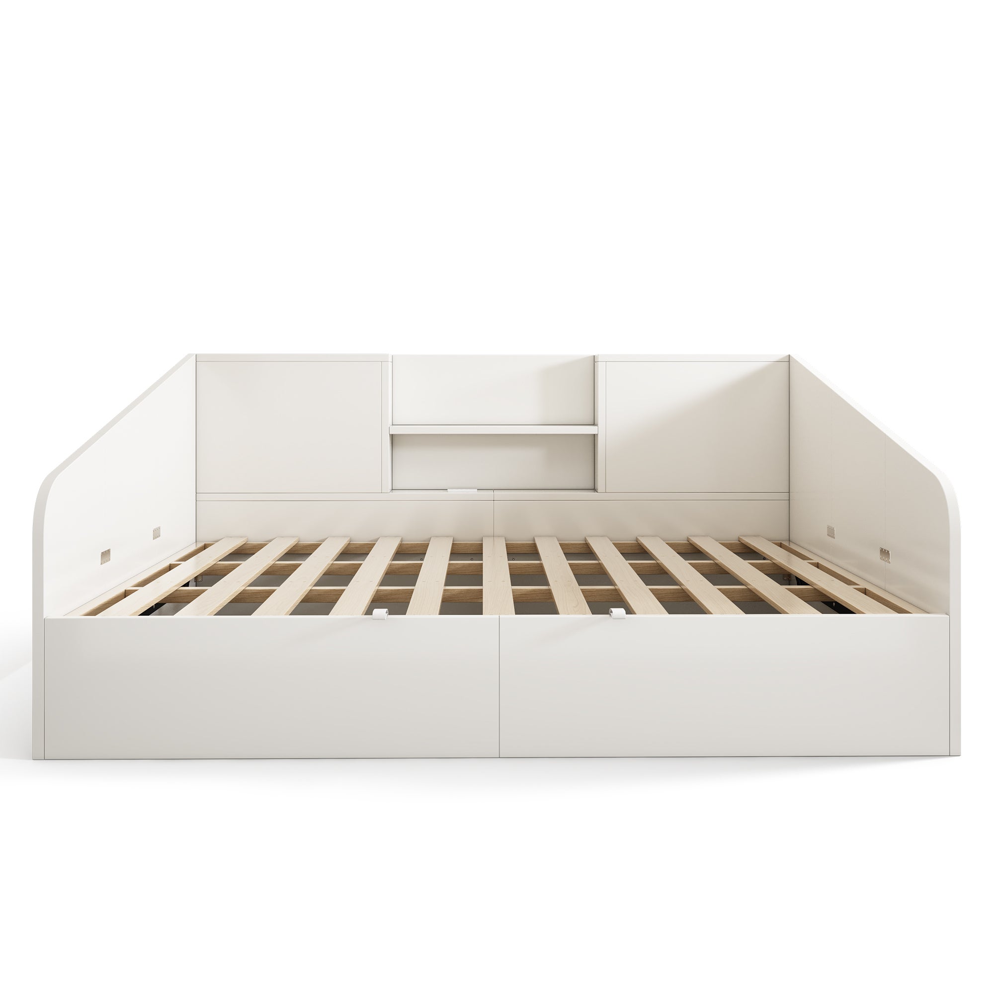 Sofa rozkładana z pojemnikiem 140x190 cm - z USB/typu C - z 2 półkami - płyta MDF + lite drewno - biała (bez materaca) - 7