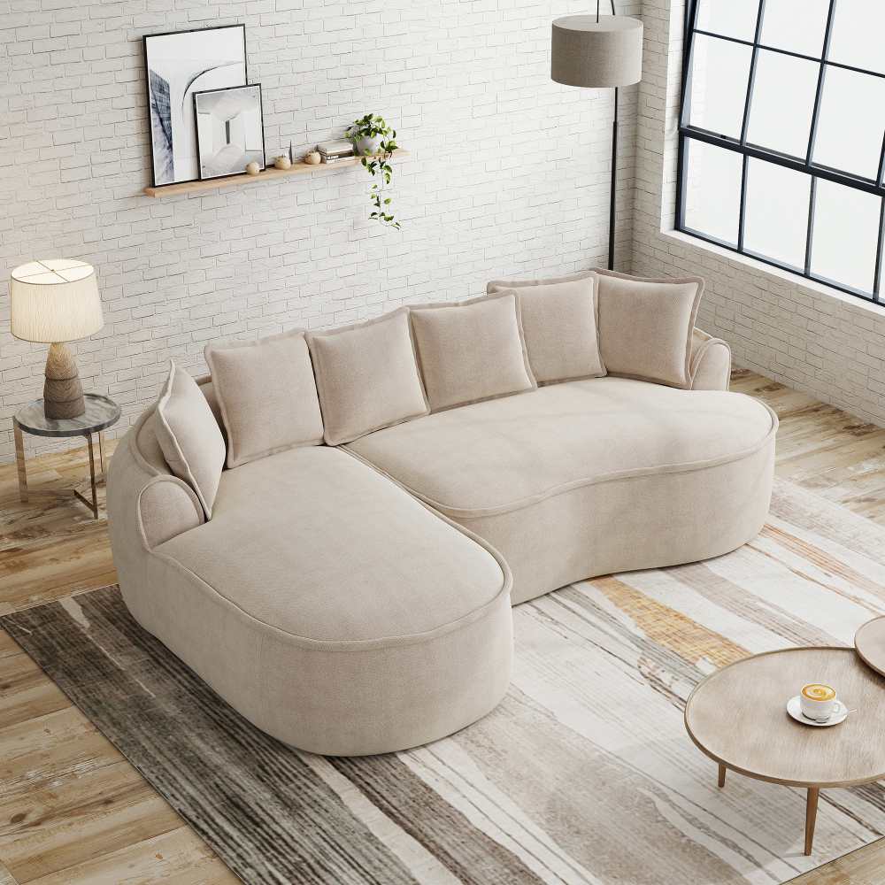 Canapé d’angle modulaire 3 places en tissu chenille, sans cadre, design nuage, couleur marron clair, profond, avec méridienne et coussins - 3