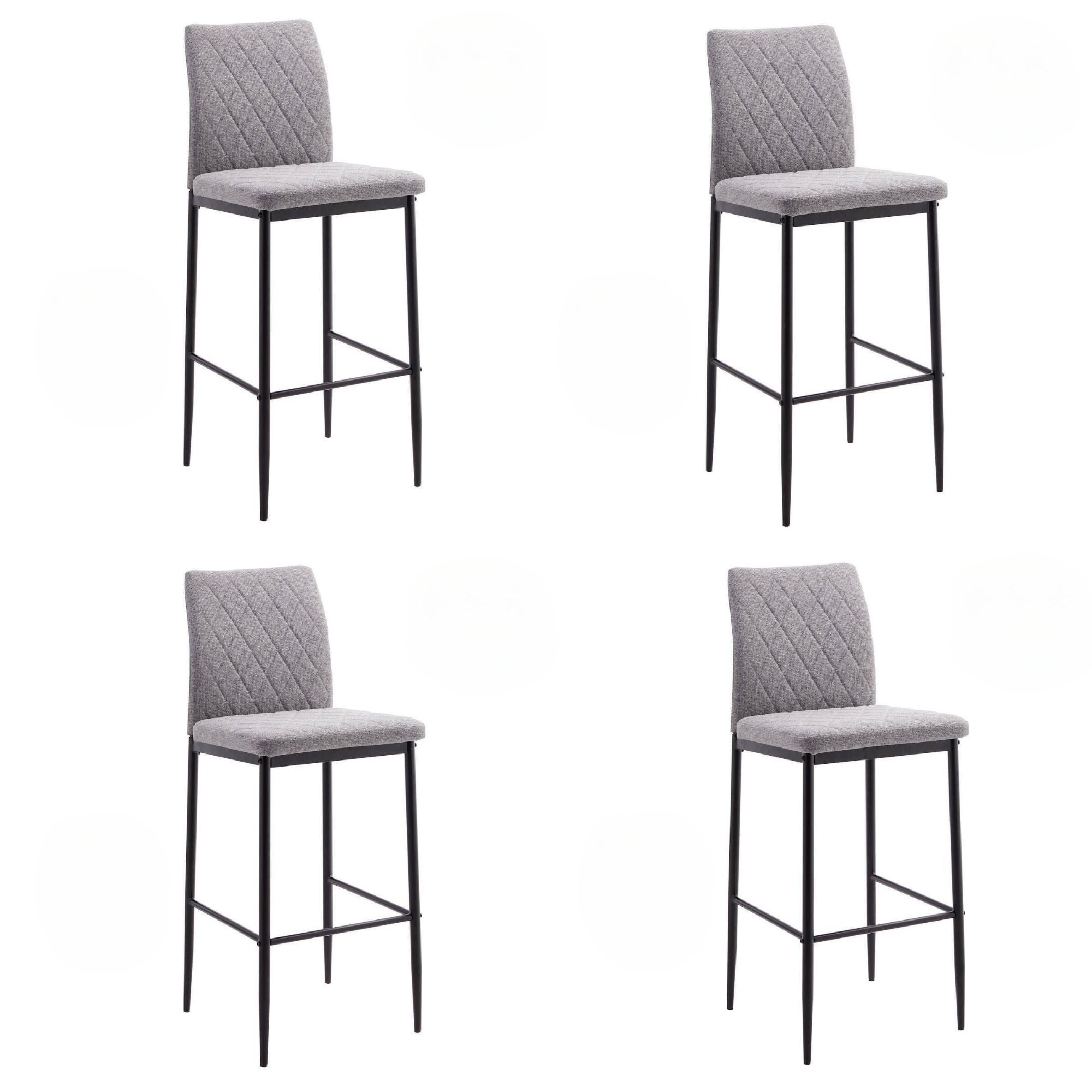 Zestaw 4 wysokich stołków, czarna metalowa konstrukcja, szara tapicerka, siedzisko 74 cm