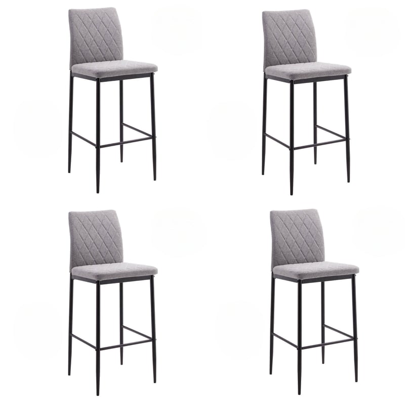 Zestaw 4 wysokich stołków, czarna metalowa konstrukcja, szara tapicerka, siedzisko 74 cm
