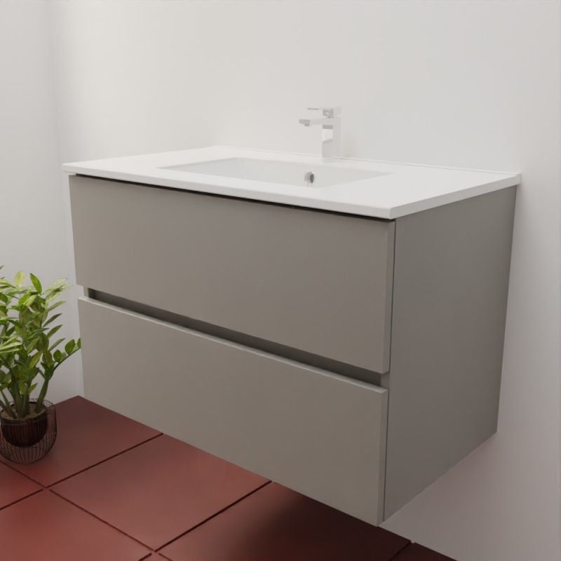 Meuble salle de bain suspendu 80 cm ROSALY INOX- Gris- Plan vasque en Céramique - 2