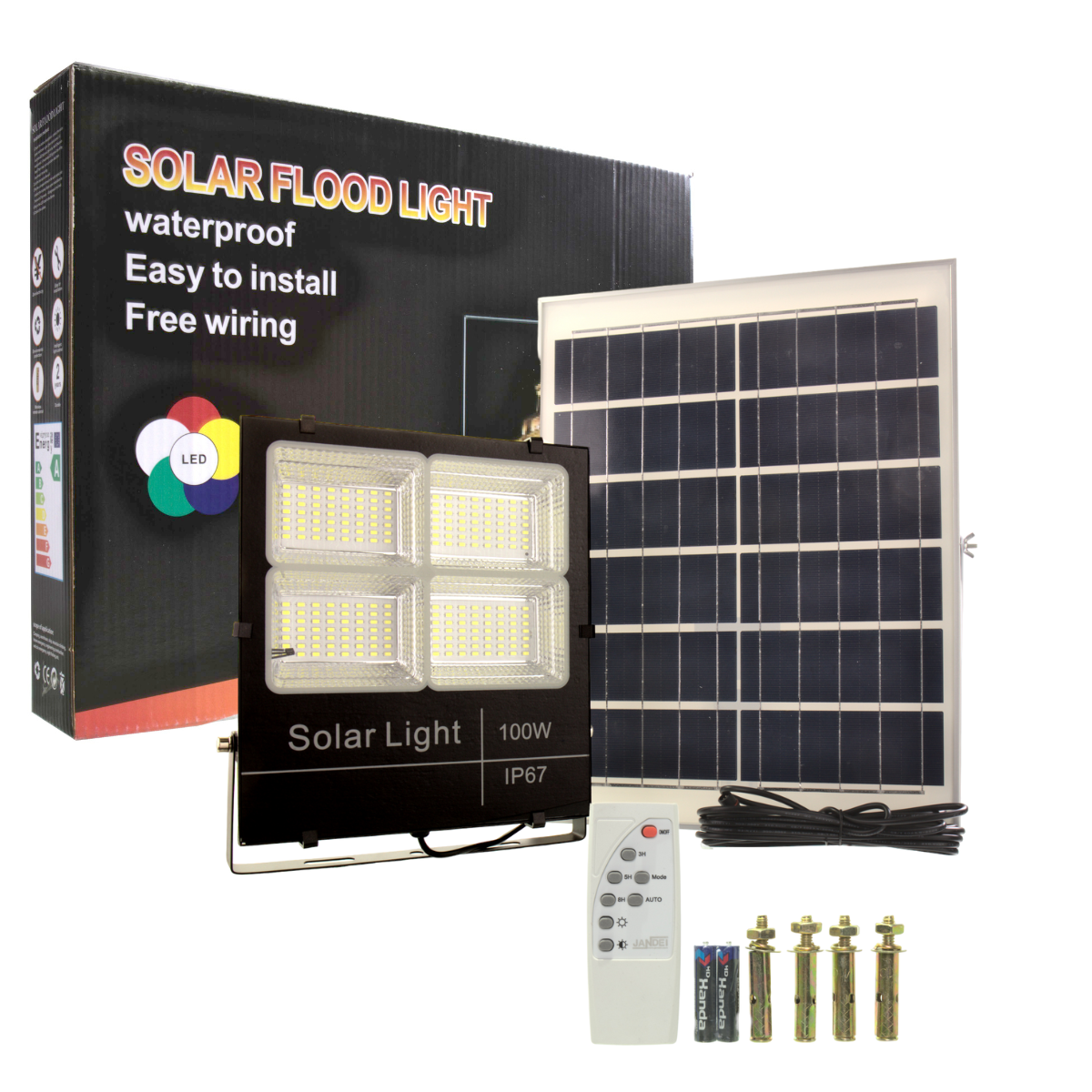 Projektor solarny LED 100W oddzielny panel bateria litowa 850 lumenów 224 diody LED