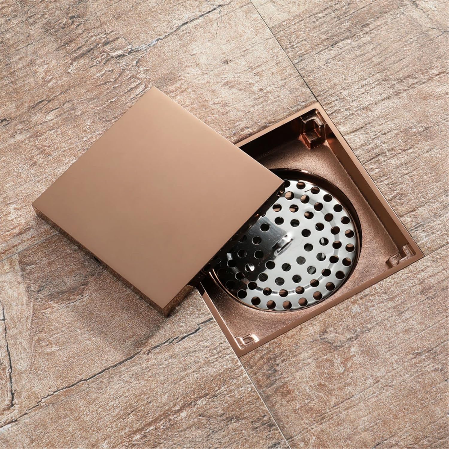 Siphon de Sol Carré 10cm en Laiton Doré Rose, Drain Douche Invisible Anti-Odeurs, Haut Débit, Détachable avec Filtre à Cheveux - 2