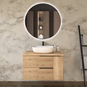 Meuble de salle de bain avec vasque à poser arrondie KING et miroir rond SOLEN - Roble (chêne clair) - 80cm