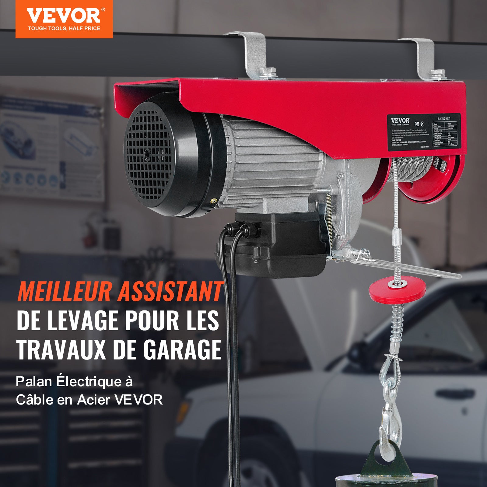 Palan électrique VEVOR Treuil à Câble 1000 kg 1600 W avec Télécommande Filaire 4 m, 10 m/min, Câble 12 m, Moteur Cuivre Pur pour Garages et Entrepôts - 2