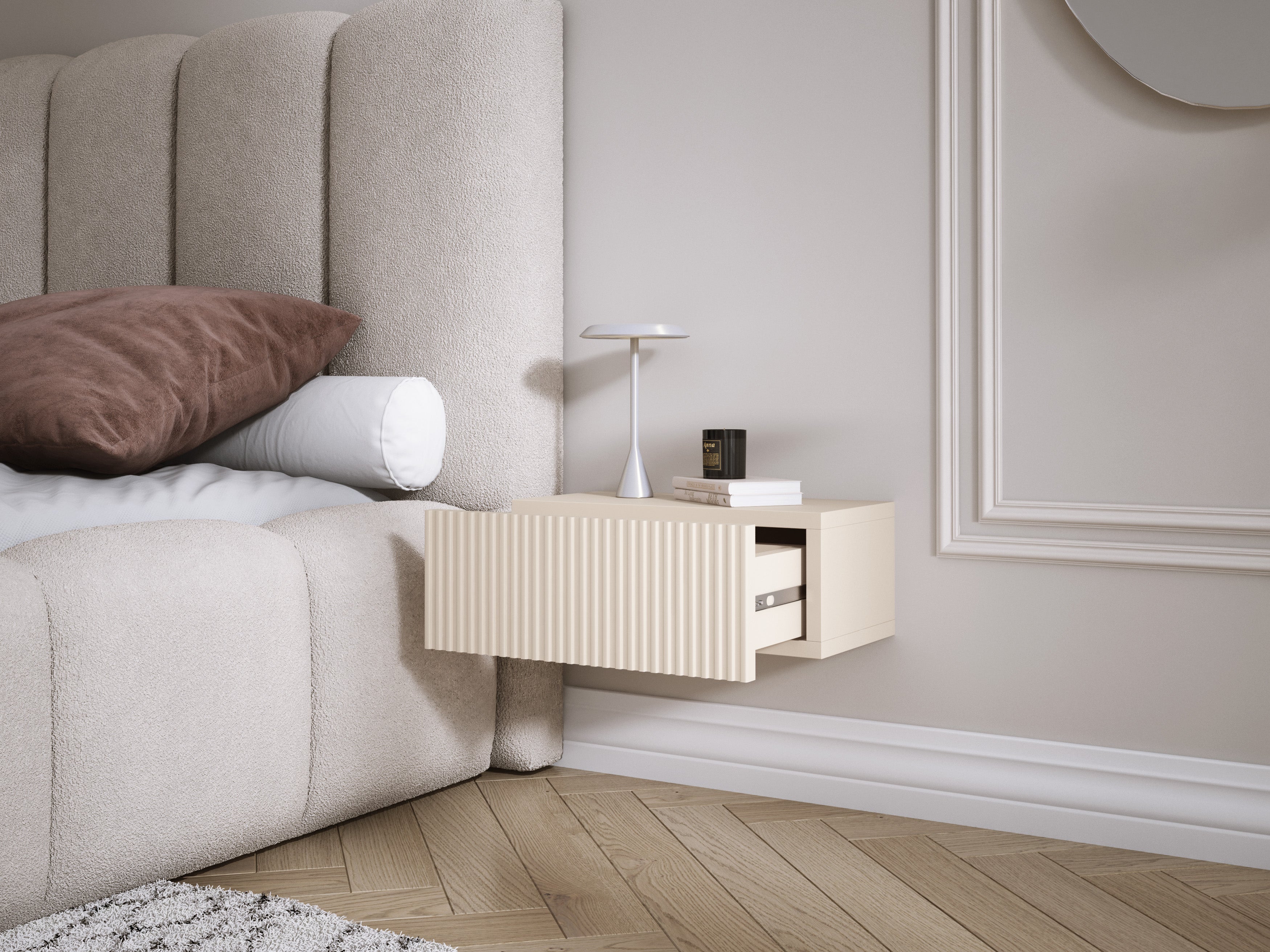 Comodino sospeso con cassetto – frontale scanalato, listelli – colore: Cashmere, 40 x 20 x 16 cm - 5