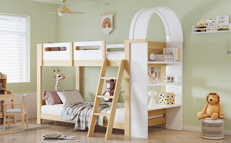 Łóżka piętrowe 2 x 90 x 200 cm z 3-poziomową półką - Sosna + MDF + sklejka - Białe + naturalne (Materace nie są wliczone w cenę) - 7