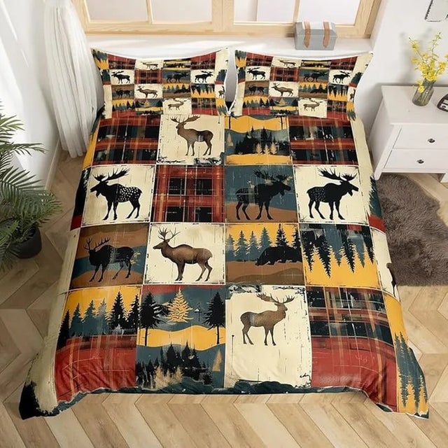 Housse de couette réversible cerf 140x200cm, motif vie sauvage et forêt, parure de lit décorative PARURE DE COUETTE