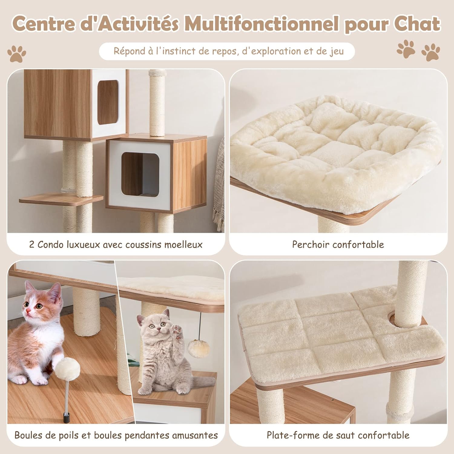Árbol para gatos de madera de 163 cm, 6 niveles, con plataformas, compartimentos, cojines cómodos, postes de sisal, pelotas, color natural - 3