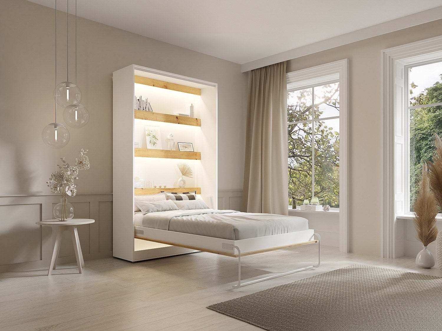 Łóżko chowane w szafie 120 × 200 cm – Otwieranie pionowe manualne – Oświetlenie LED – Białe i naturalne + Materac – RAPILI