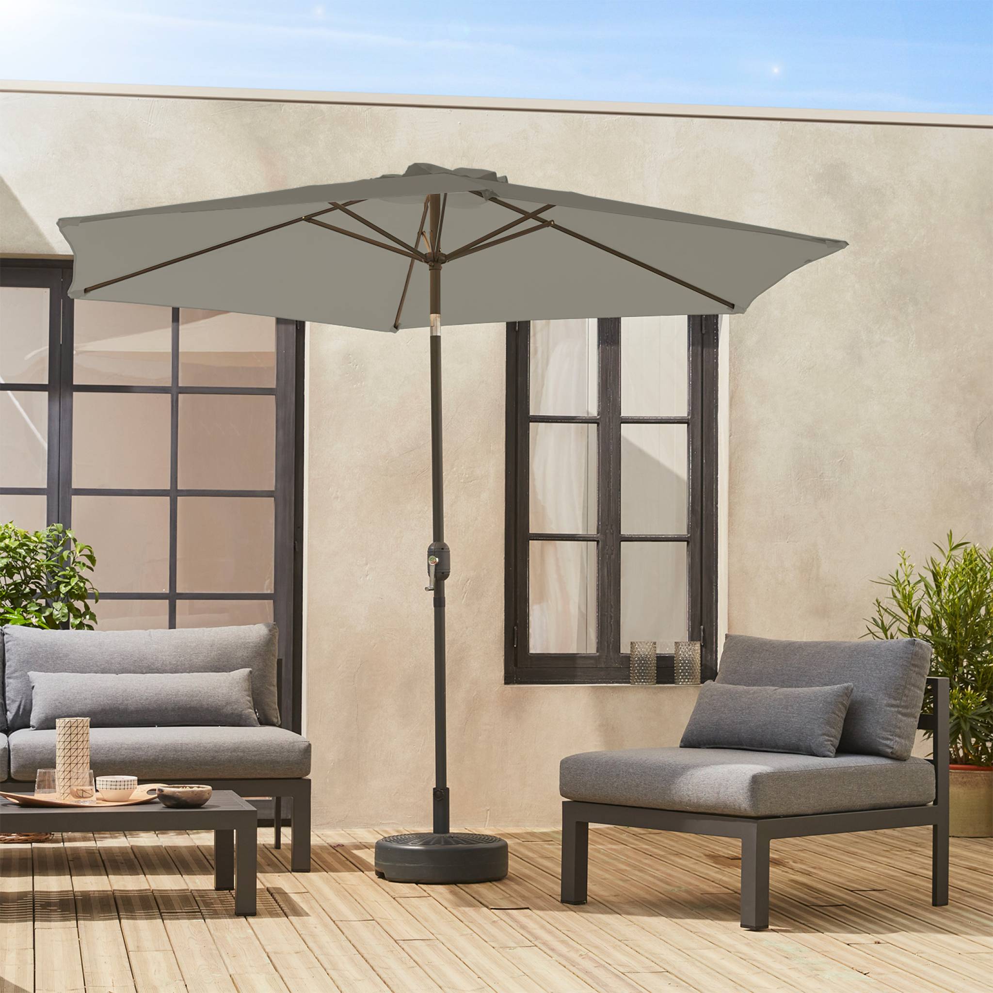 Parasol droit rond Ø300cm - Touquet Kaki - mât central en aluminium orientable et manivelle d'ouverture TOUQUET - 2