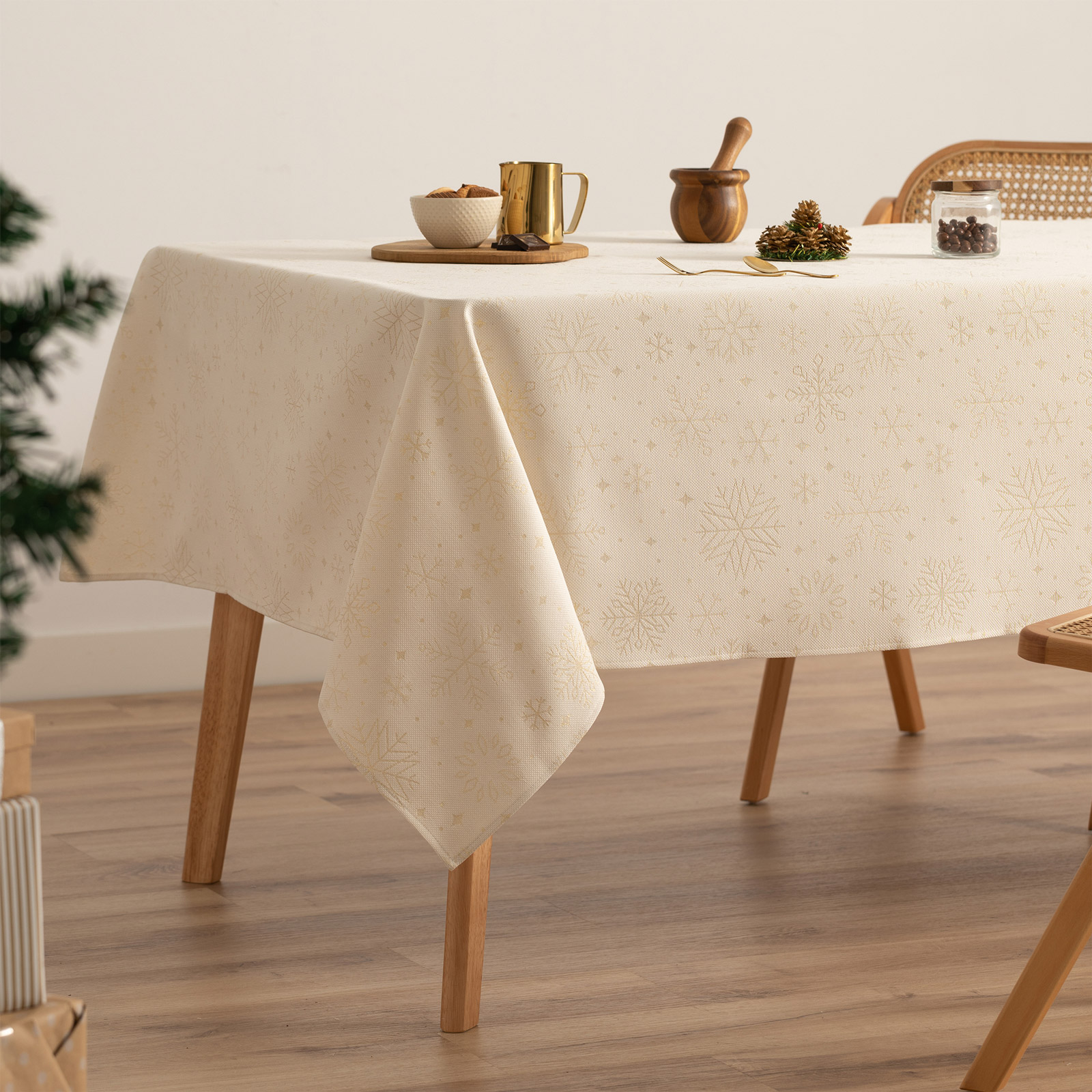 Mantel navidad algodón rectangular jacquard snowflake crudo 140x100 cm - sparkle