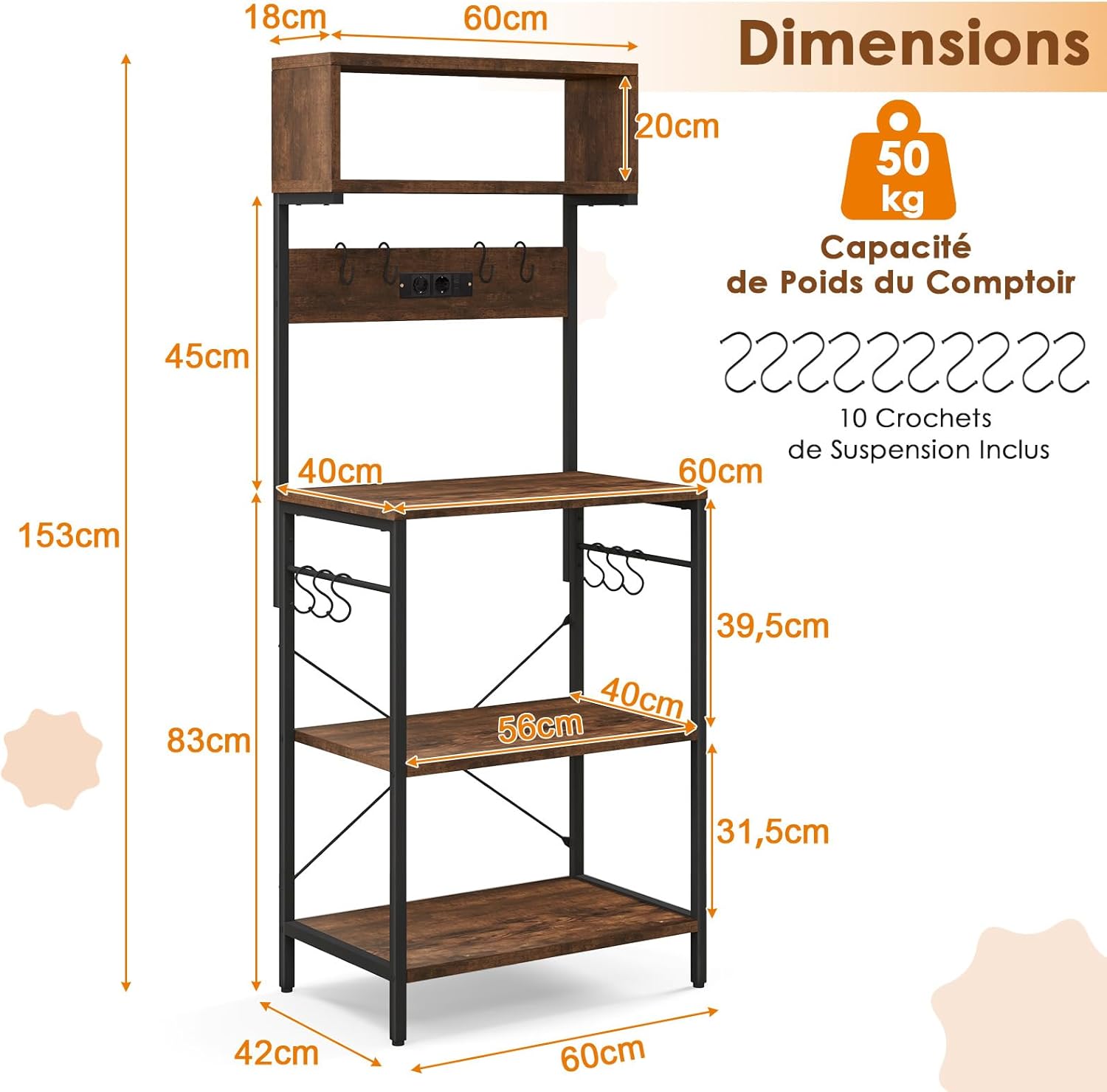 Mensola da Cucina, Supporto per Microonde con Presa Elettrica Ripiani Aperti e 10 Ganci Appendiabiti, Scaffale Multifunzionale per Cucina Sogg - 3