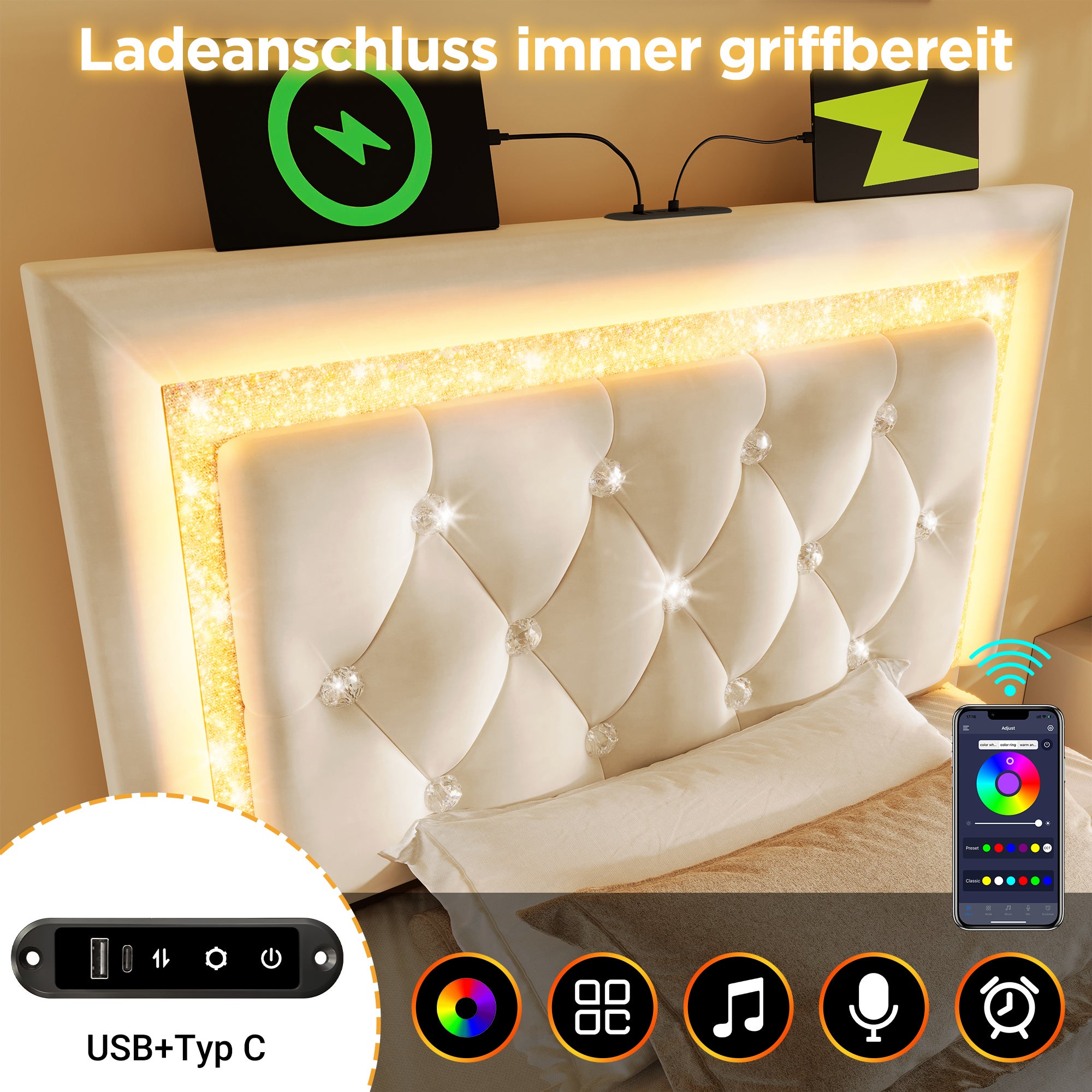 Łóżko z pojemnikiem na pościel 90 x 200 cm i zagłówkiem - Tkanina aksamitna - Diody LED - Porty USB i typu C - Beżowe (Materac w zestawie) - 3