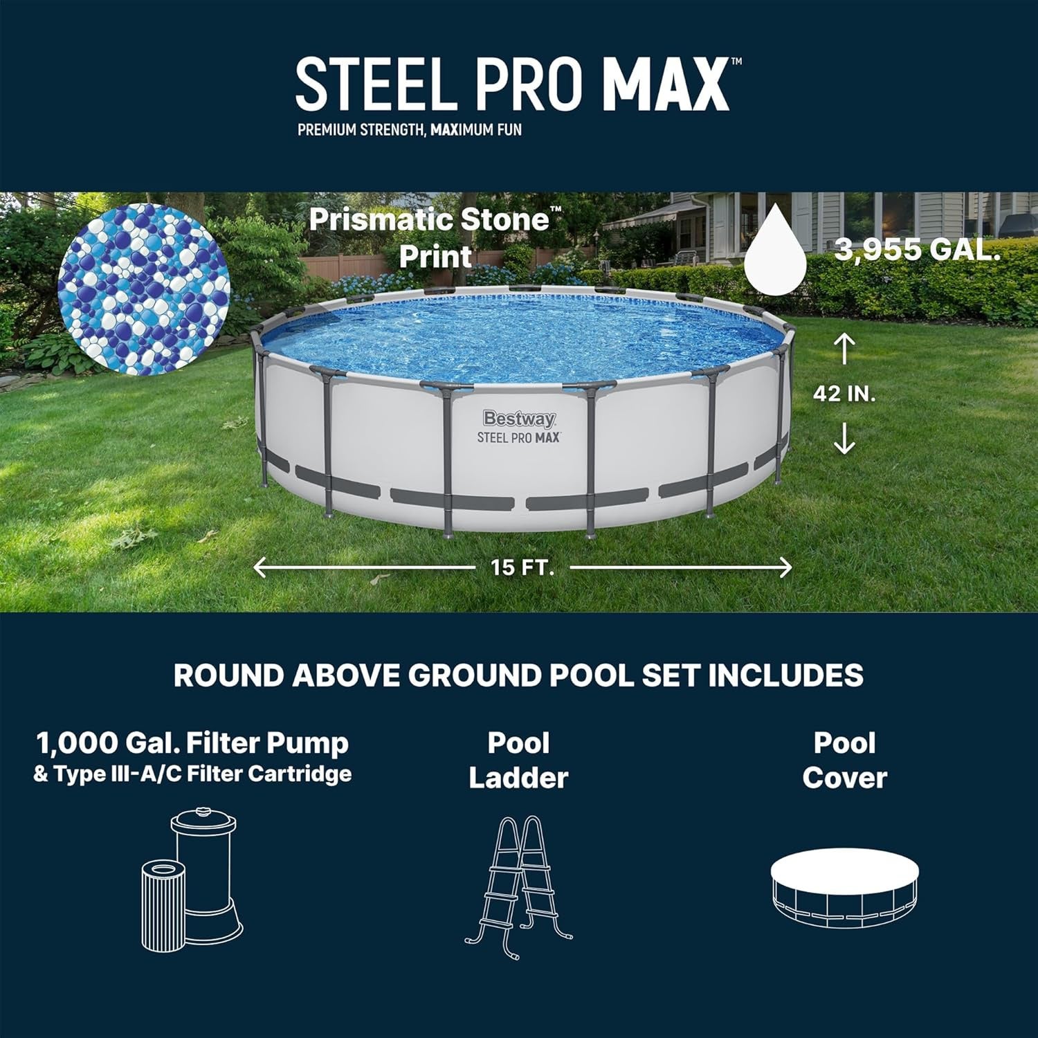 Kit de piscine hors-sol Premium : 427 x 107 cm – Inclut pompe de filtration et cartouche de type I Résistant à la rouille – Capacité de 3 440 gallons - 3