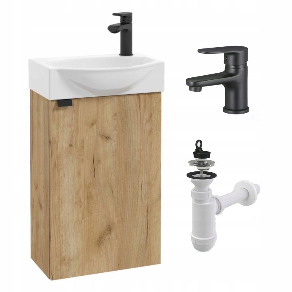 Szafka Łazienkowa Dąb Craft Złoty Mat z Umywalką 40 cm Bateria Czarna Mała