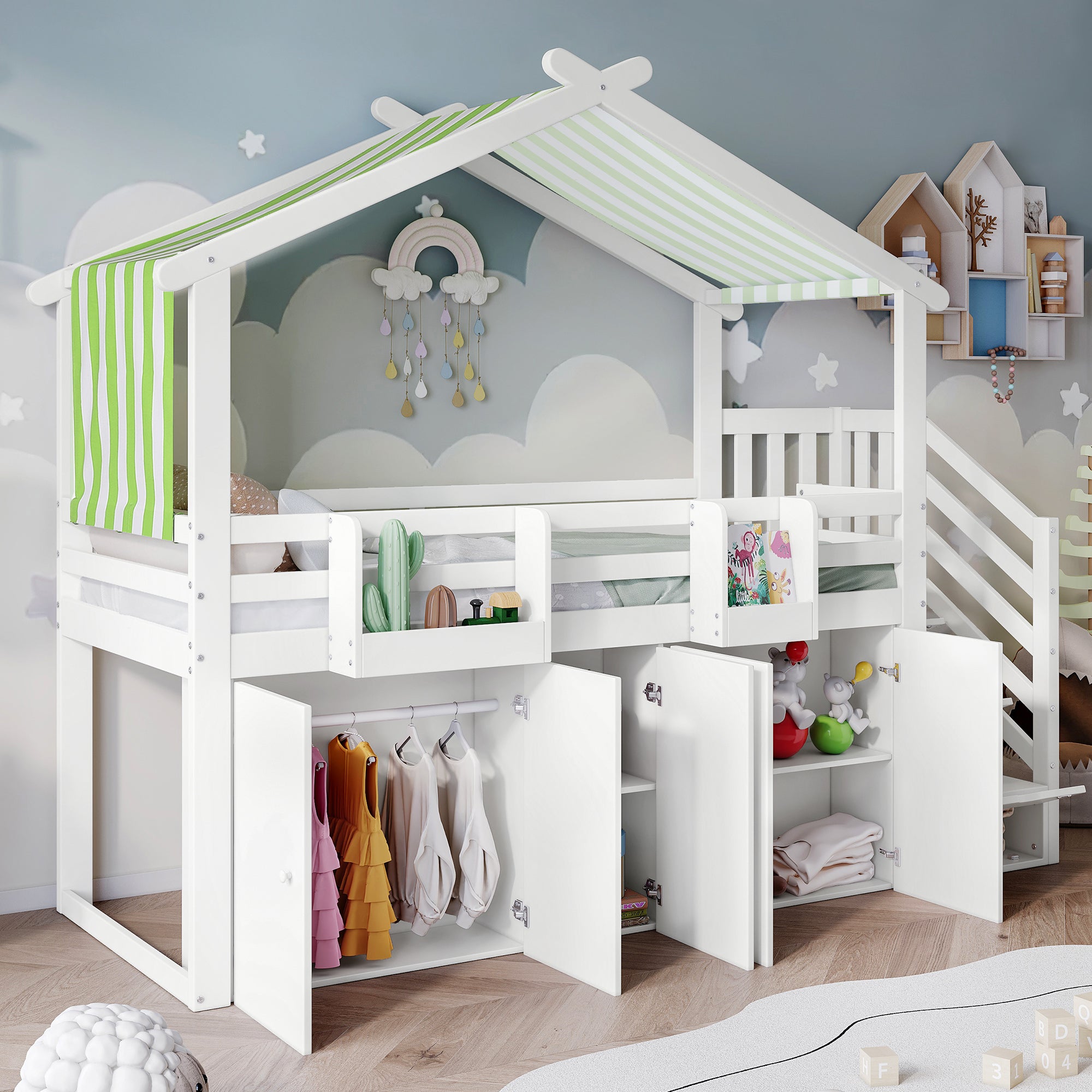 Letto a castello 90x200cm, letto per bambini, con sponda di sicurezza, 1 armadio e 2 armadietti, con 3 armadietti, bianco+verde - 3