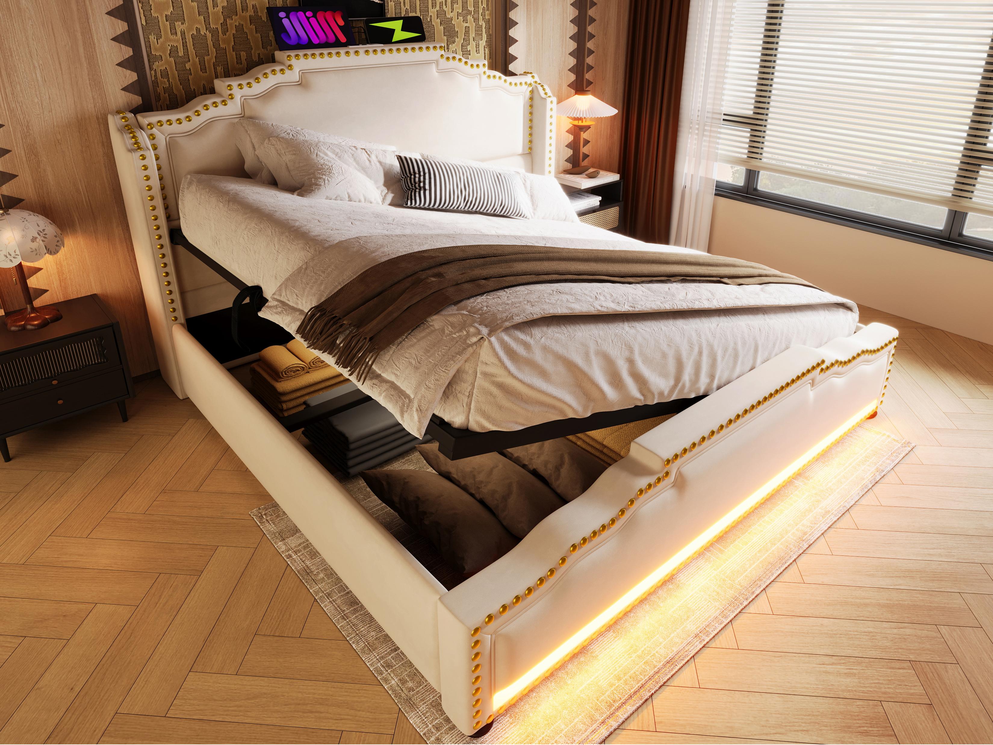 Letto Contenitore 140x200 Cm - Letto Matrimoniale Imbottito LED Con Rete A Doghe Sollevamento Idraulico Testiera Similpelle Pu Grigio 1