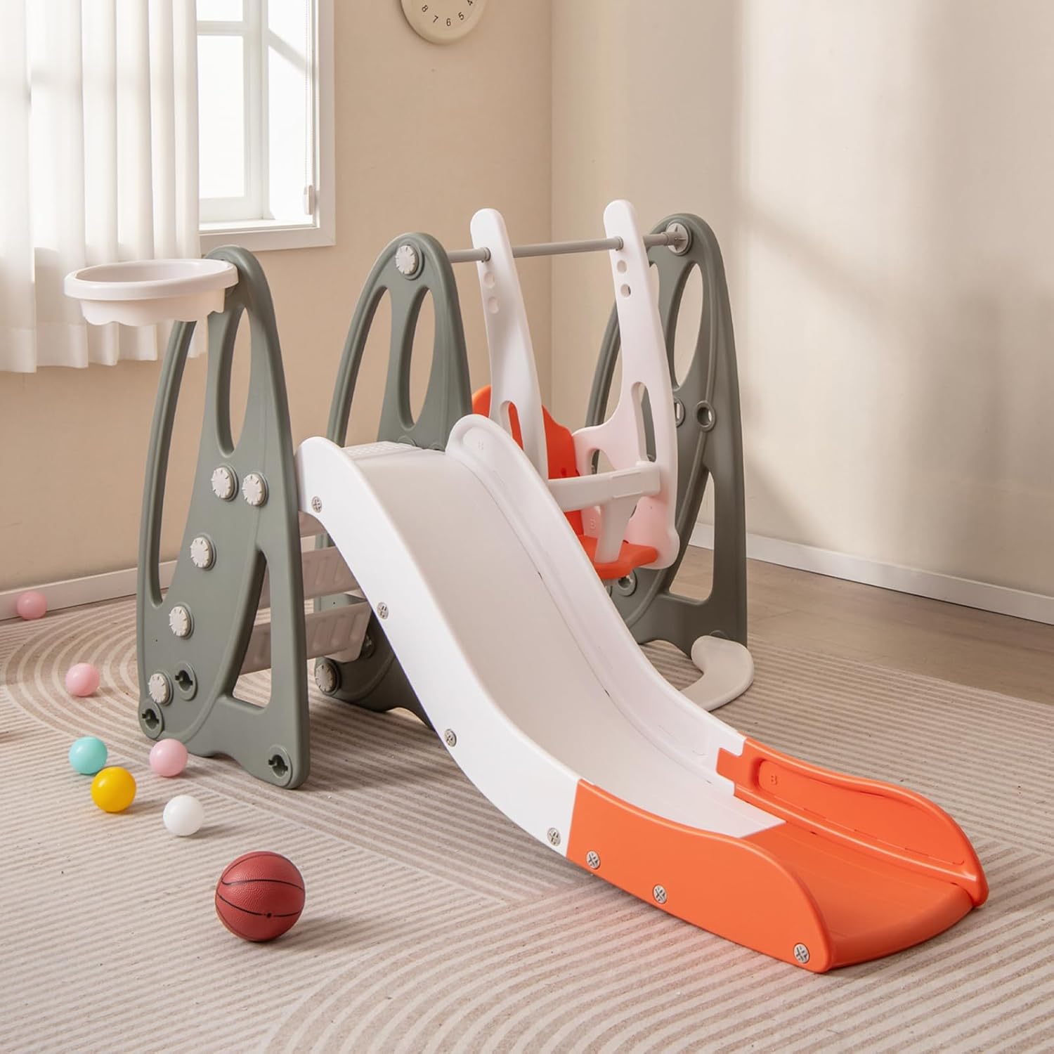 4 in 1 Parco Giochi per Bambini, Set di Scivolo con Arrampicata Altalena Regolabile in Altezza Scivolo e Canestro da Basket, per Bambini 18 Me - 8