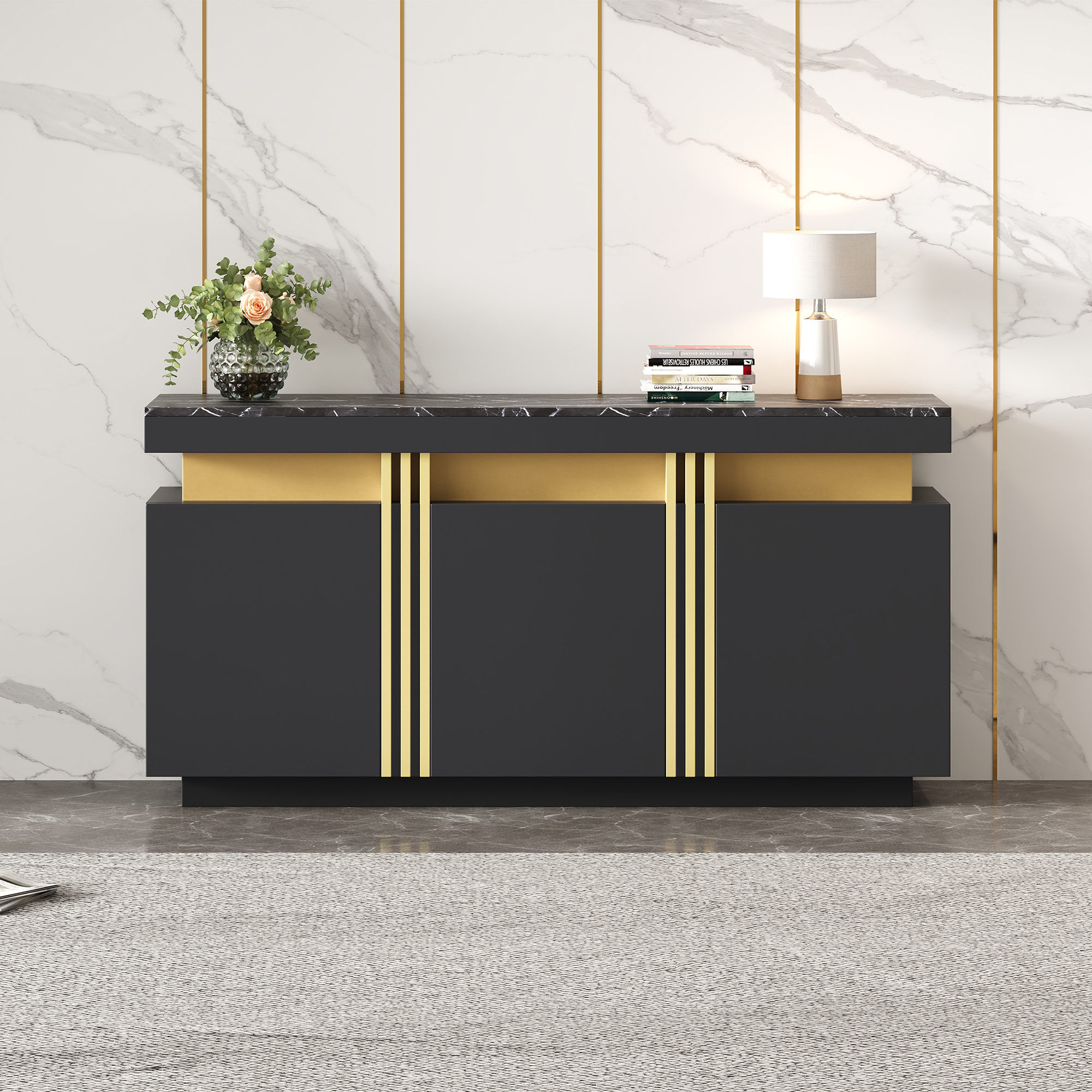 Modernluxe  Buffet Moderno 140X38x70 Cm, 3 Puertas, Estantes Ajustables, Negro , Leroy Merlin