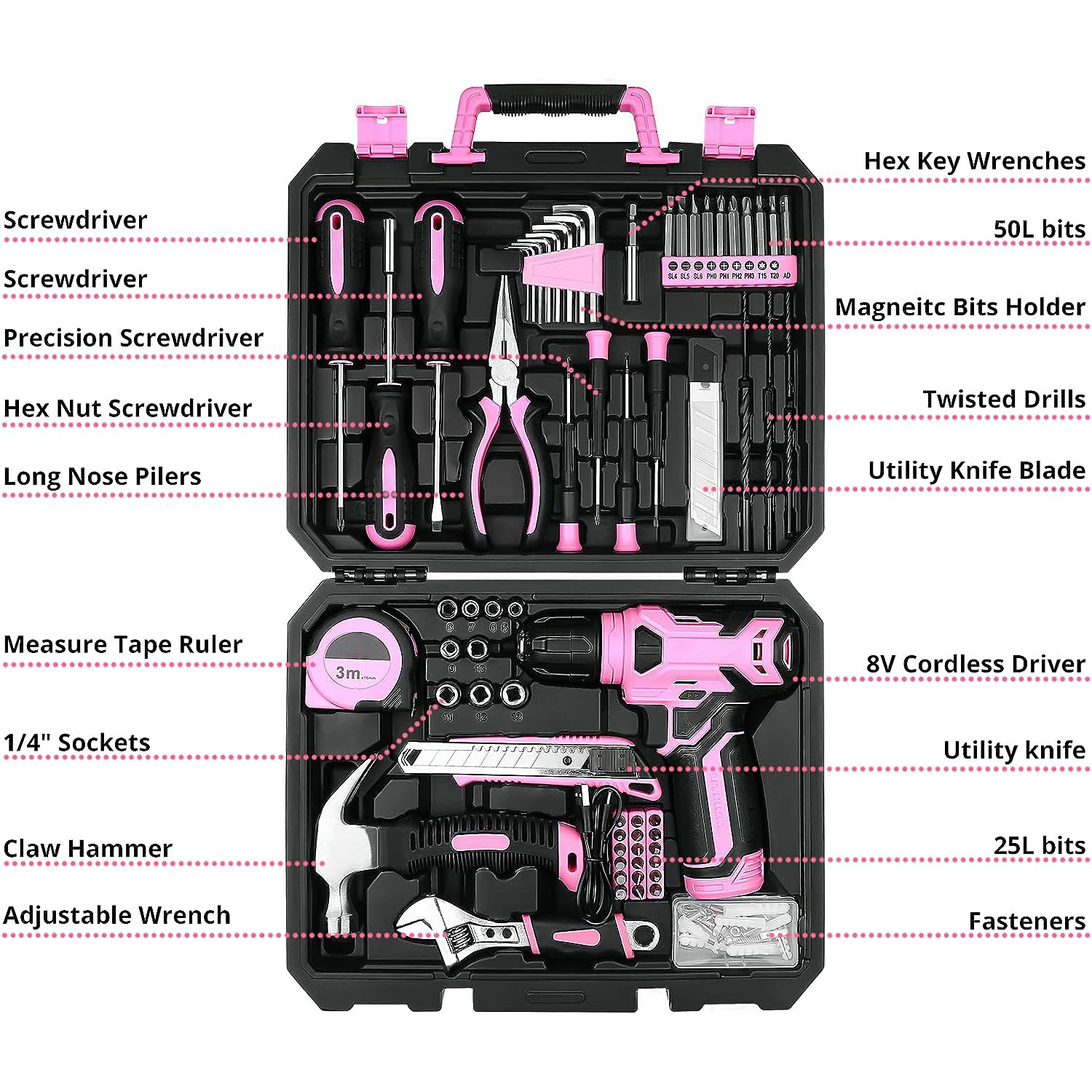 Malette d'outils complète rose 126 pièces, avec perceuse-visseuse sans fil 8V - Idéale pour la réparation et l'entretien à la maison. - 3