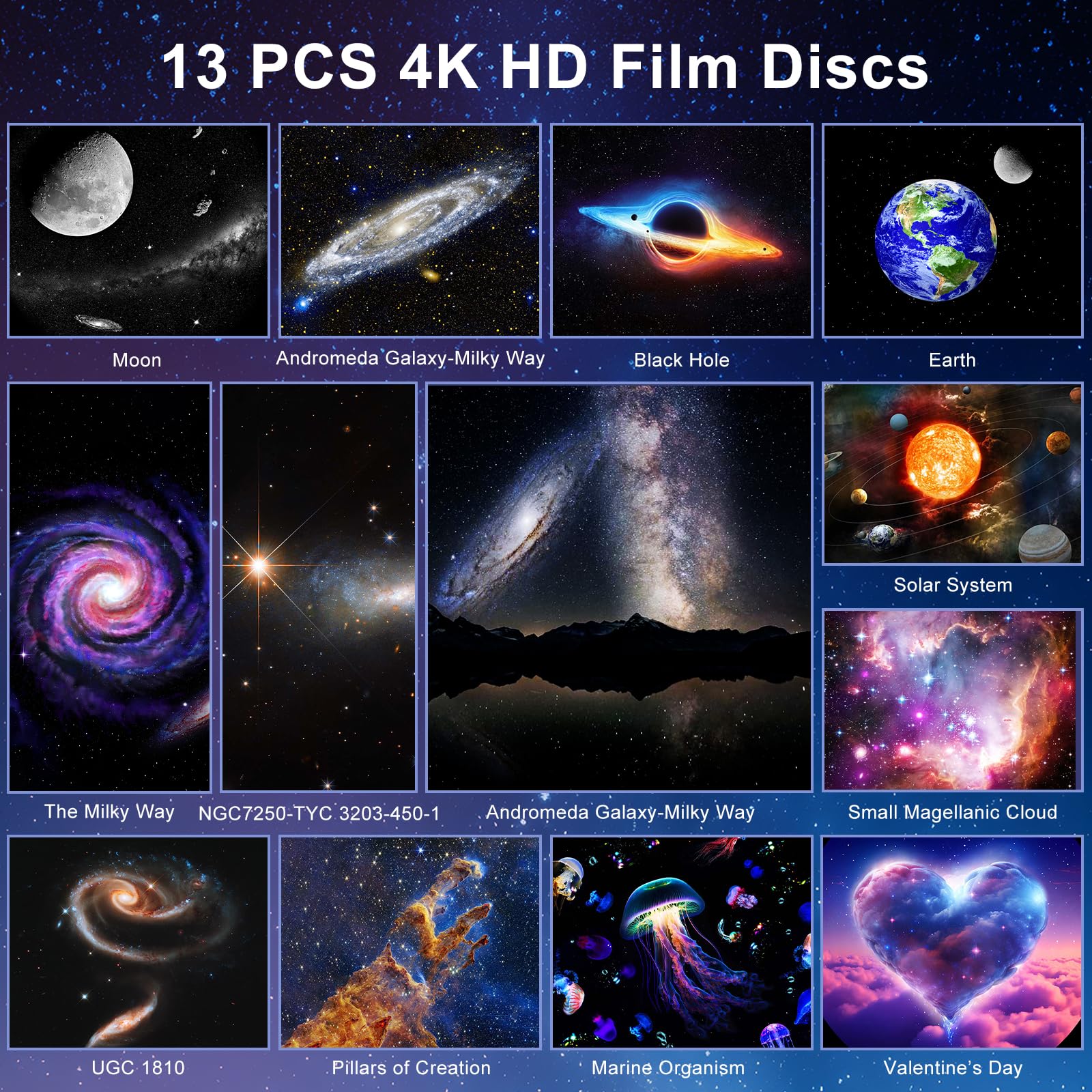 Projecteur Ciel Étoilé 4K HD Planetarium – 13 Disques Galaxie, Météore Dynamique, Rotation 360°, Minuteur & Veilleuse